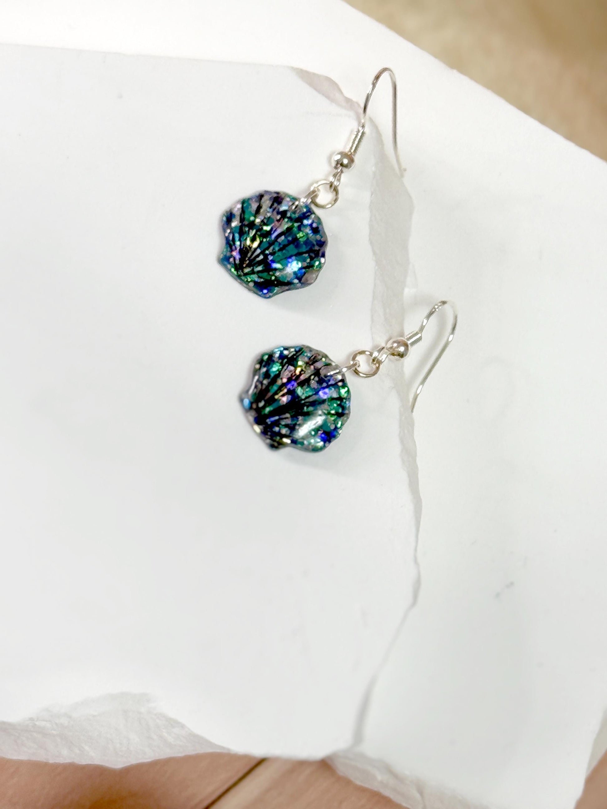 Glitter Resin Seashell Earrings: Hand-Painted Black Detail, Beach Jewelry