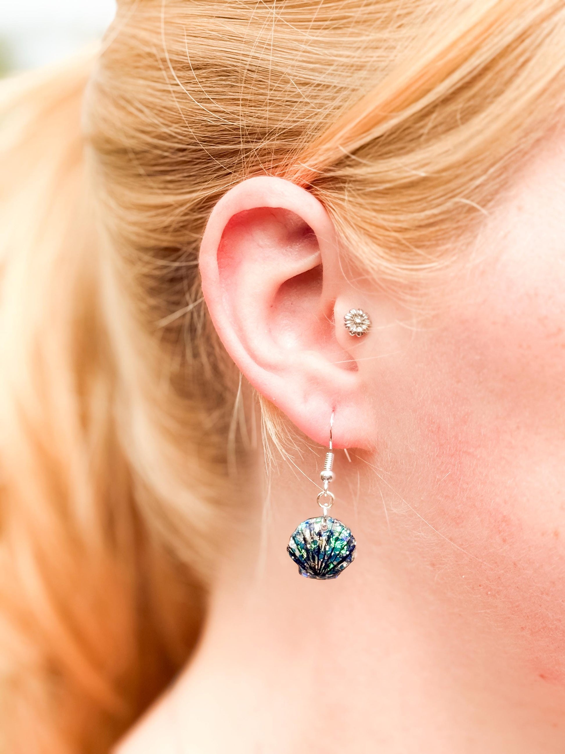 Glitter Resin Seashell Earrings: Hand-Painted Black Detail, Beach Jewelry