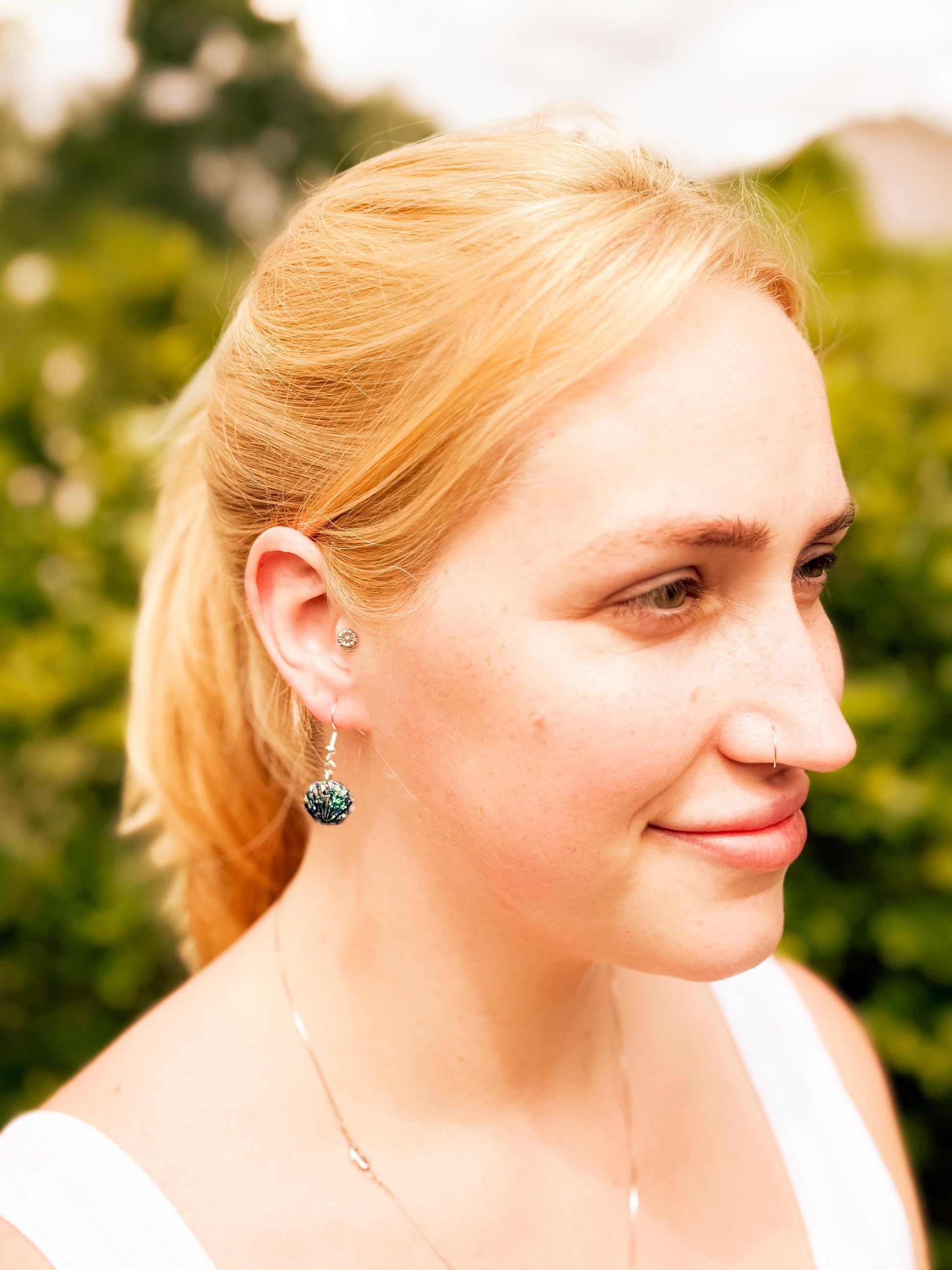 Glitter Resin Seashell Earrings: Hand-Painted Black Detail, Beach Jewelry
