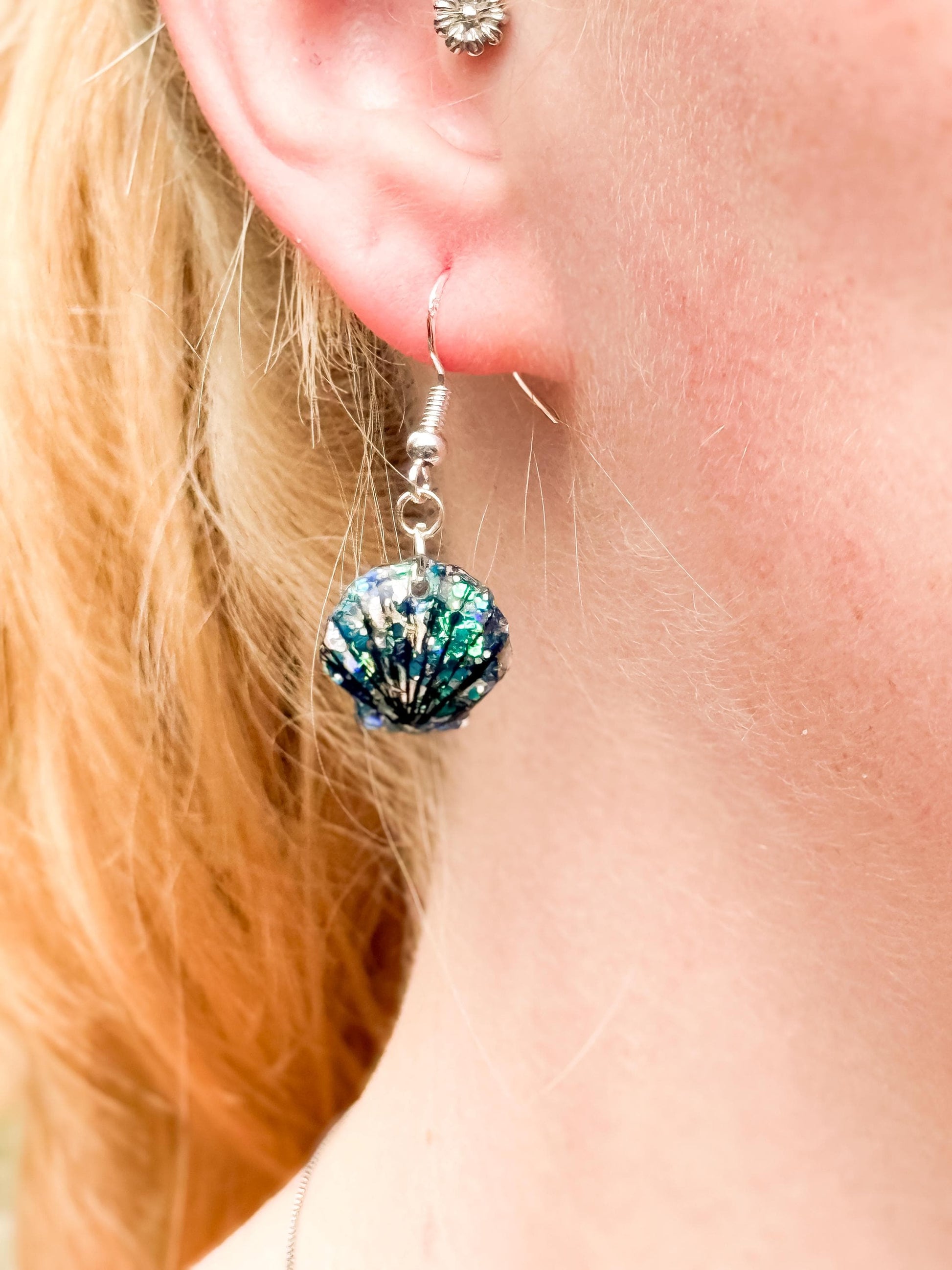 Glitter Resin Seashell Earrings: Hand-Painted Black Detail, Beach Jewelry