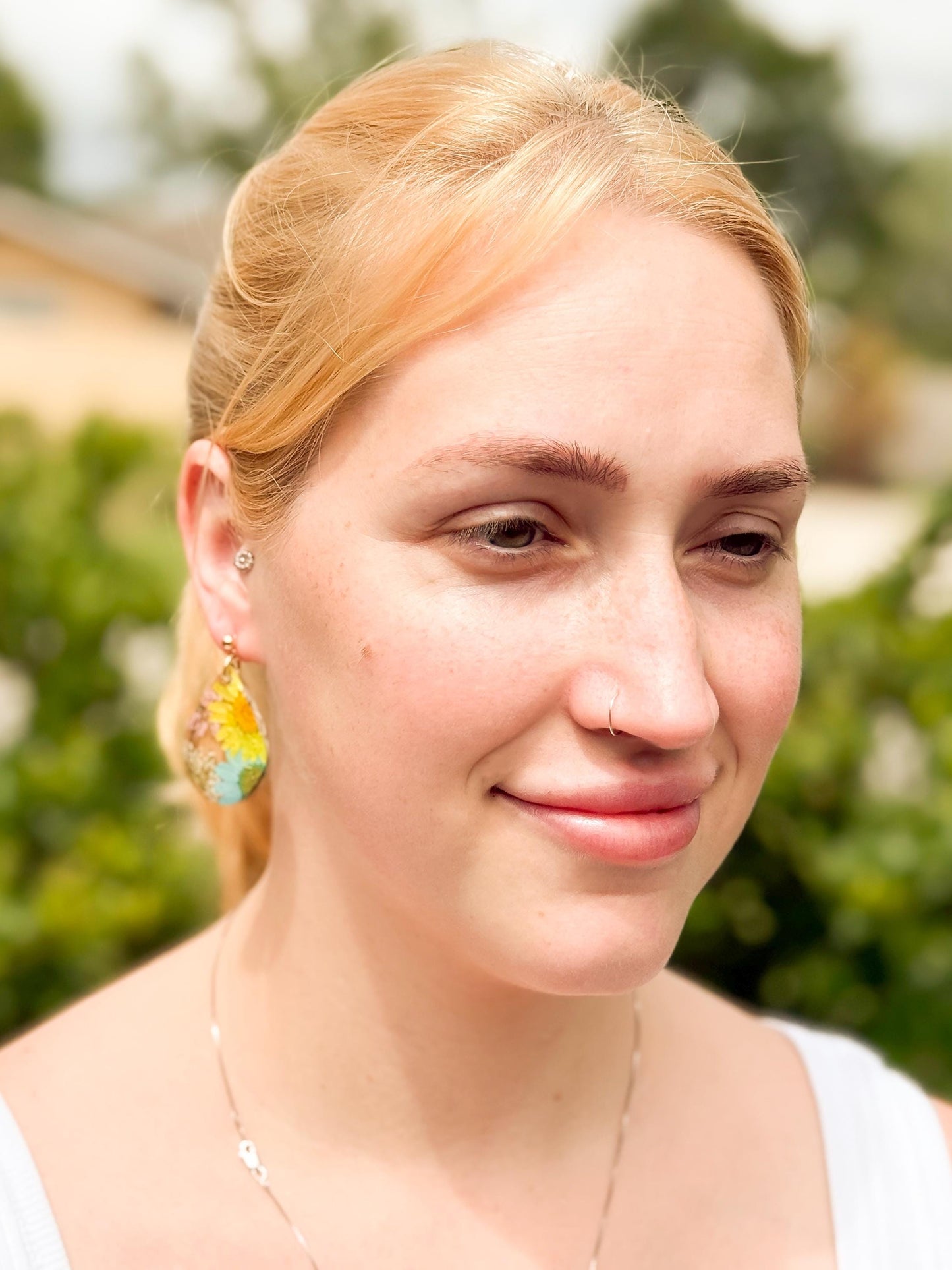 Teardrop Resin Wood Earrings: Real Pressed Sunflower & Daisy