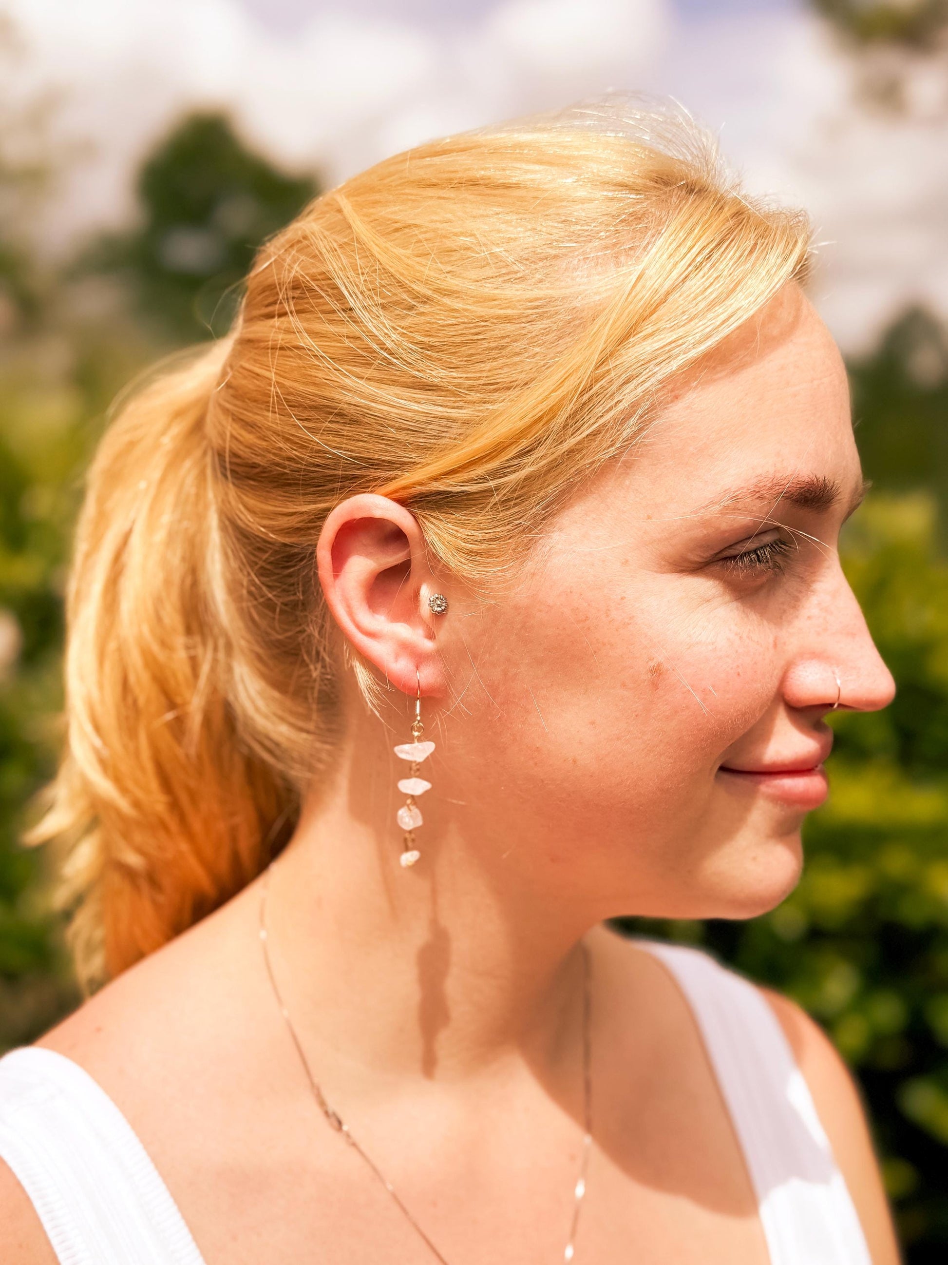 White Stone Chip Dangle Earrings – Handmade Real Gemstone Jewelry