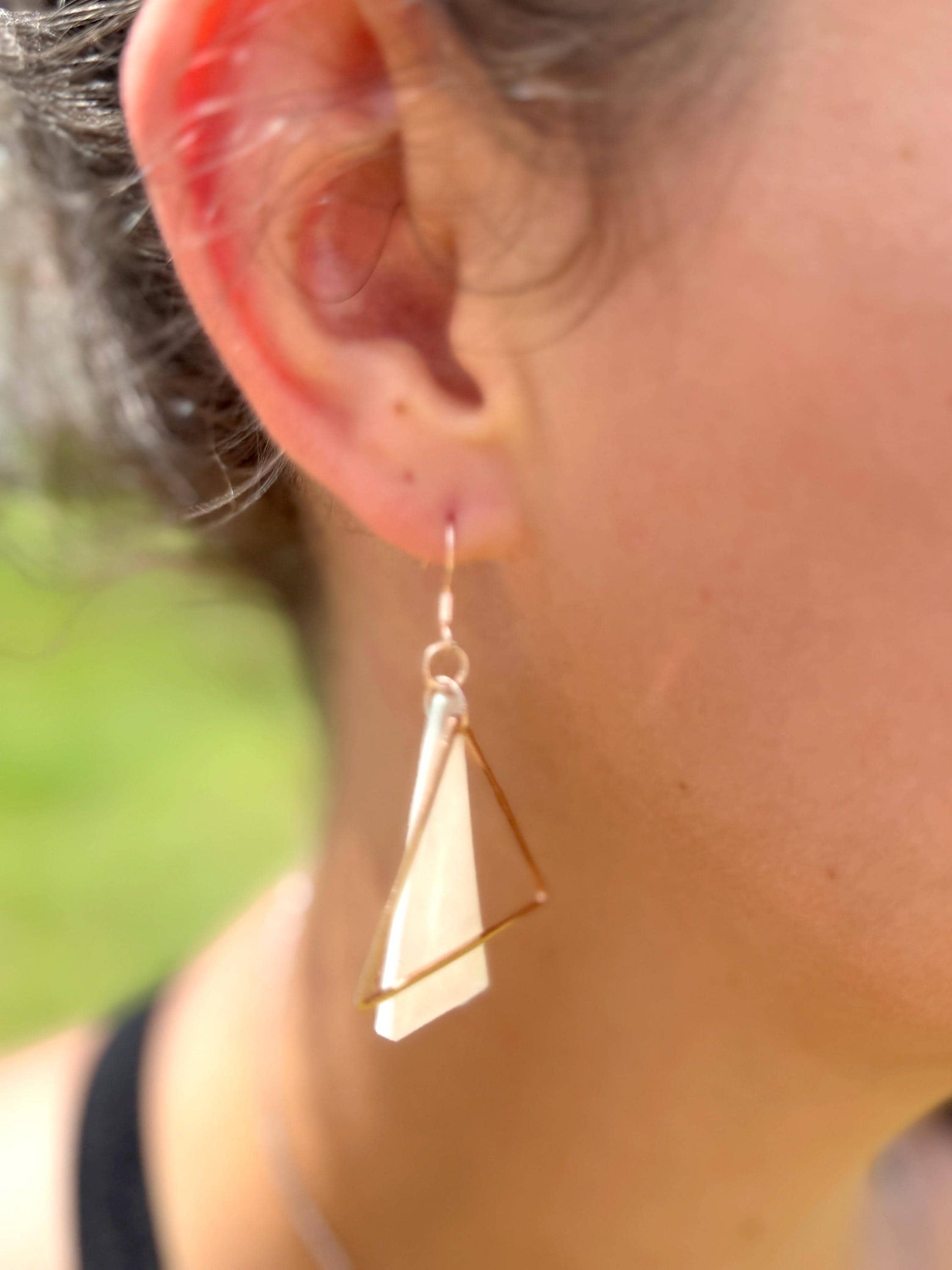 Rose Gold Triangle Earrings: Handmade Pearlescent Resin Dangle