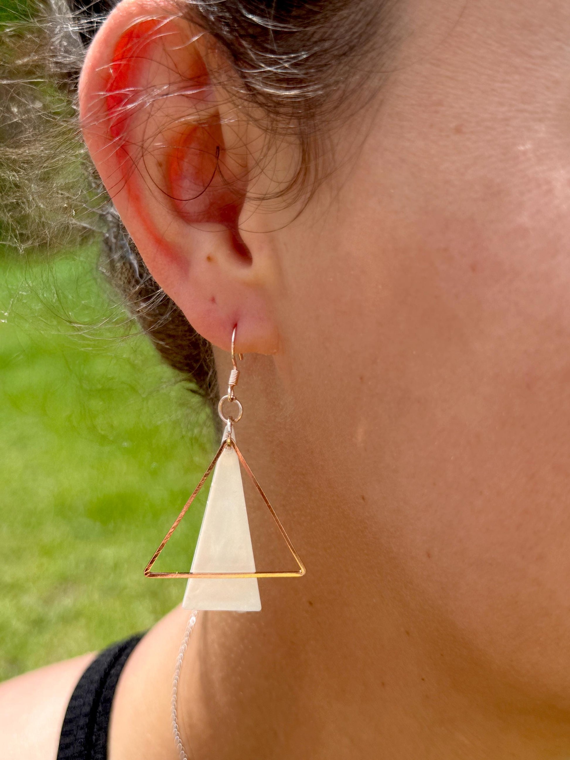 Rose Gold Triangle Earrings: Handmade Pearlescent Resin Dangle