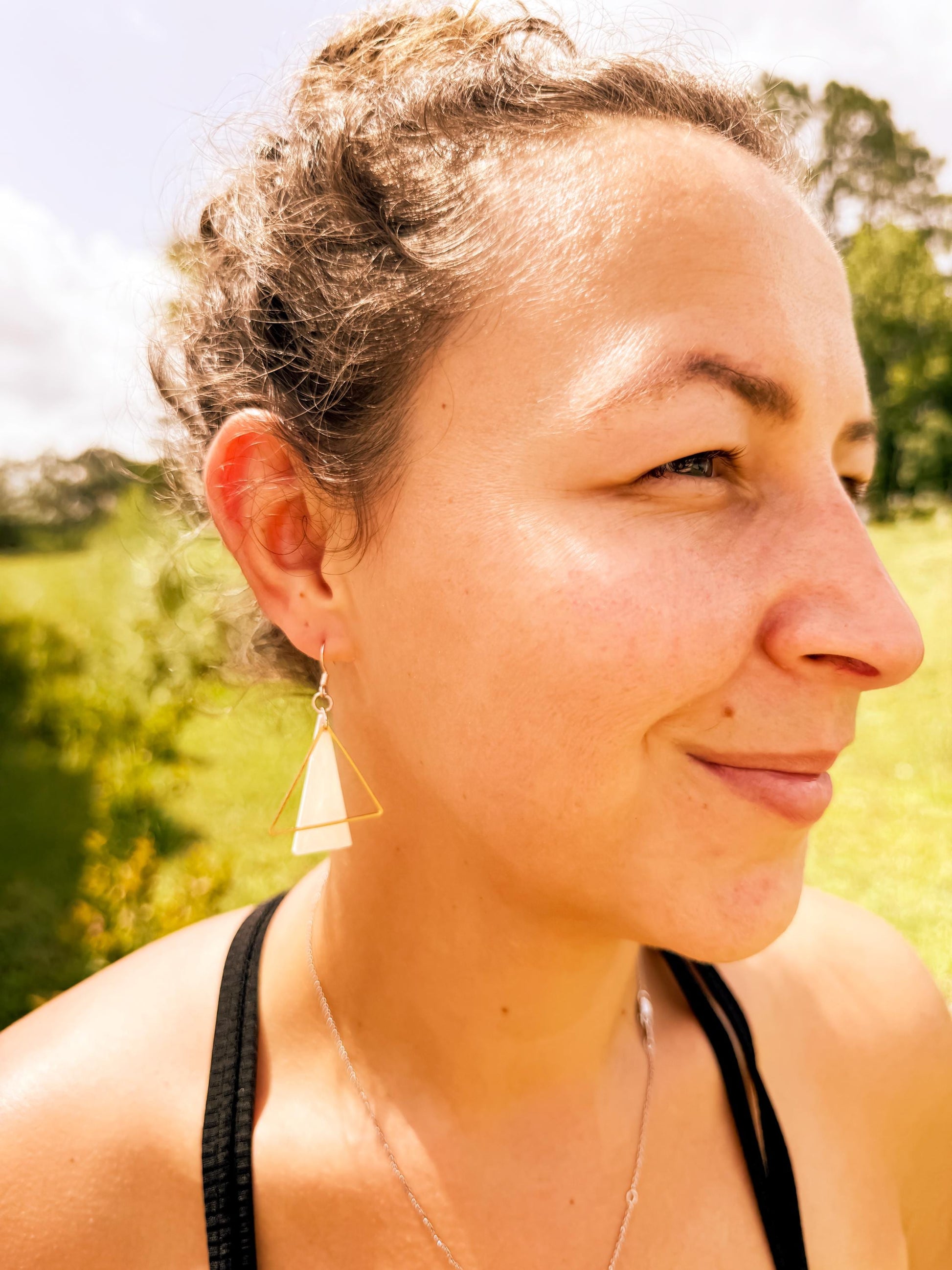 Rose Gold Triangle Earrings: Handmade Pearlescent Resin Dangle