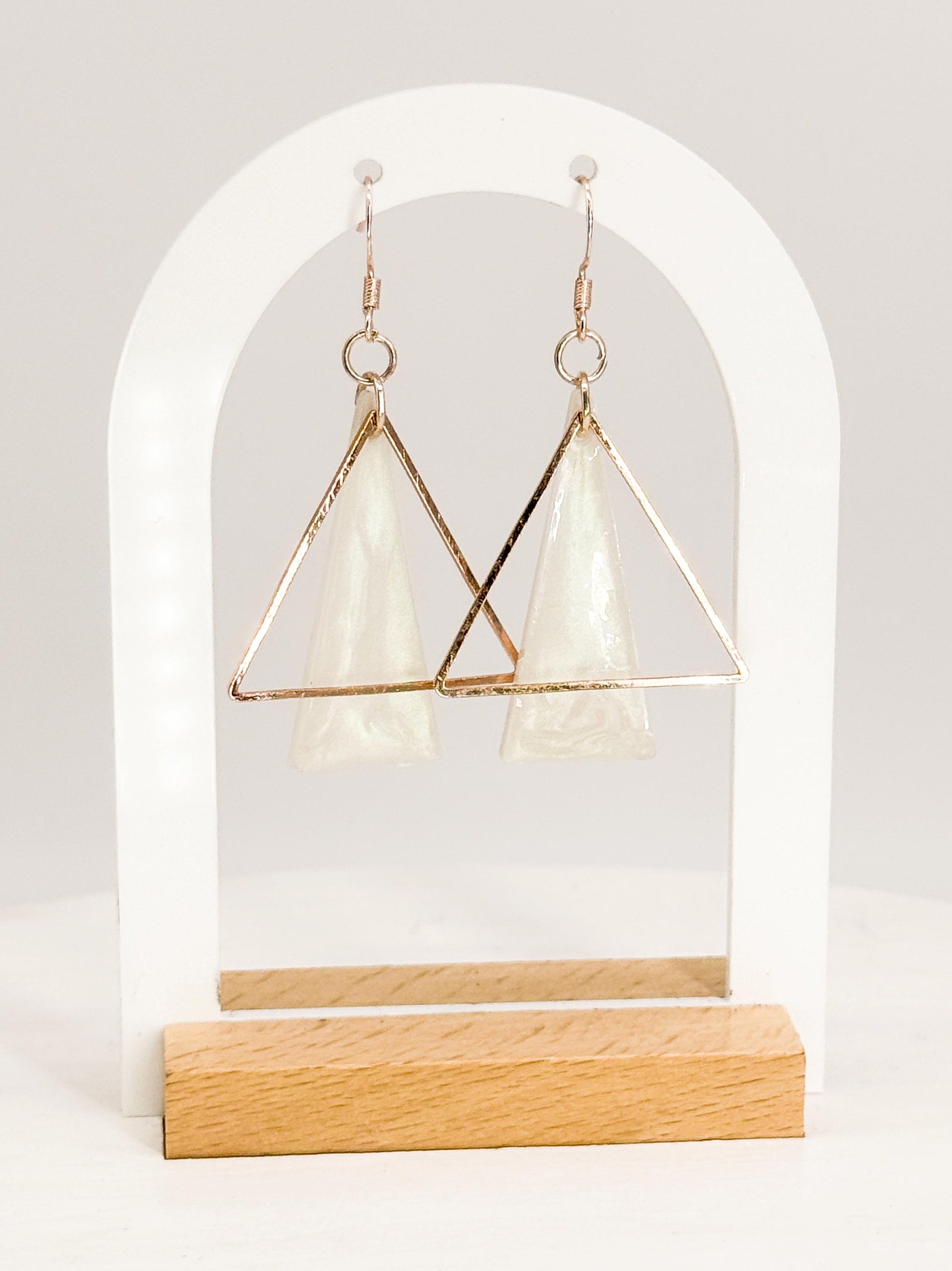 Rose Gold Triangle Earrings: Handmade Pearlescent Resin Dangle