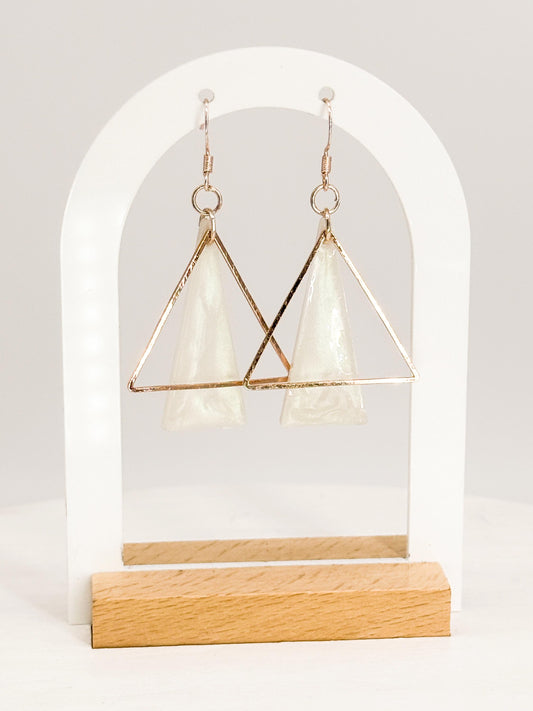 Rose Gold Triangle Earrings: Handmade Pearlescent Resin Dangle