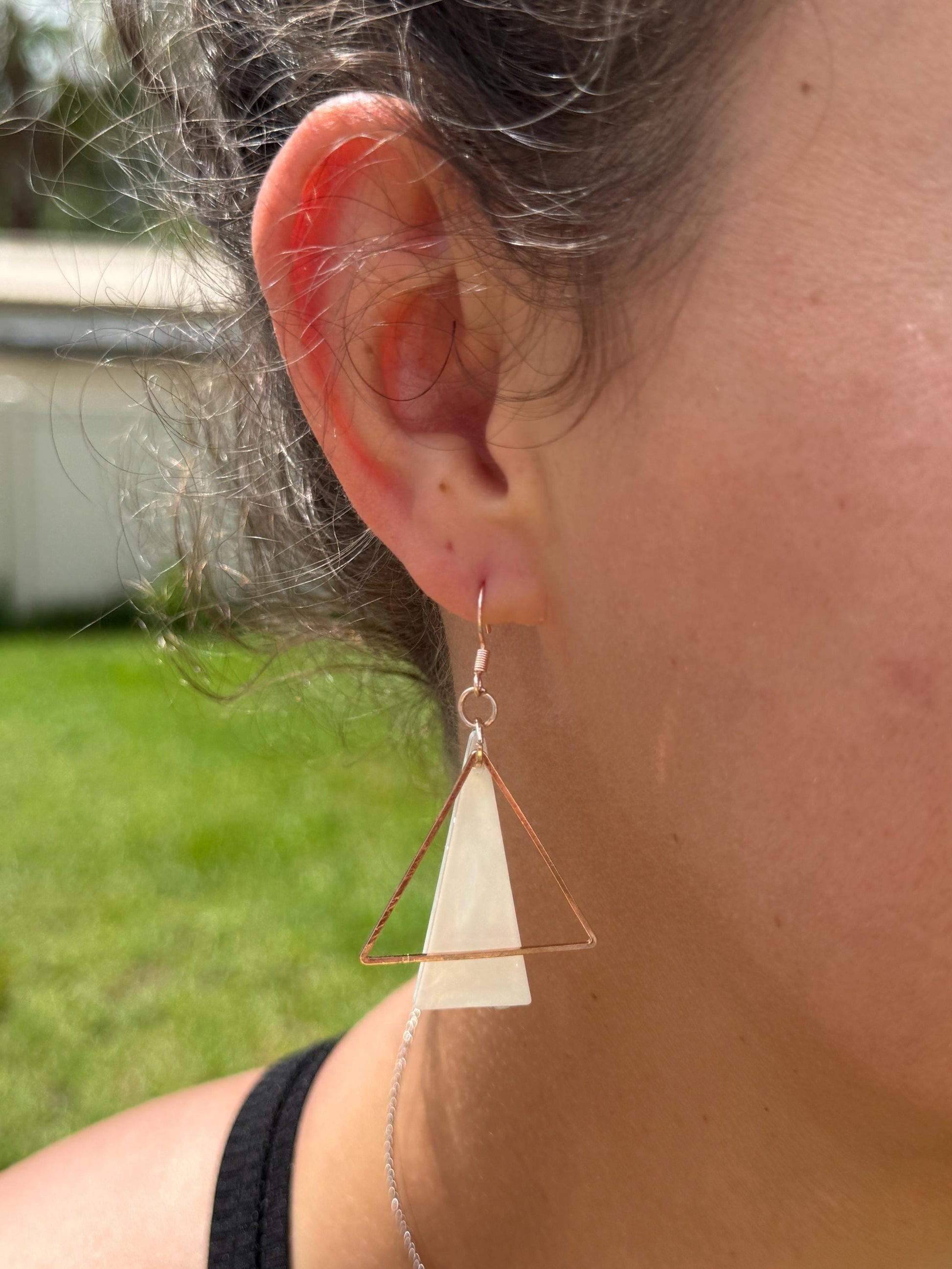 Rose Gold Triangle Earrings: Handmade Pearlescent Resin Dangle