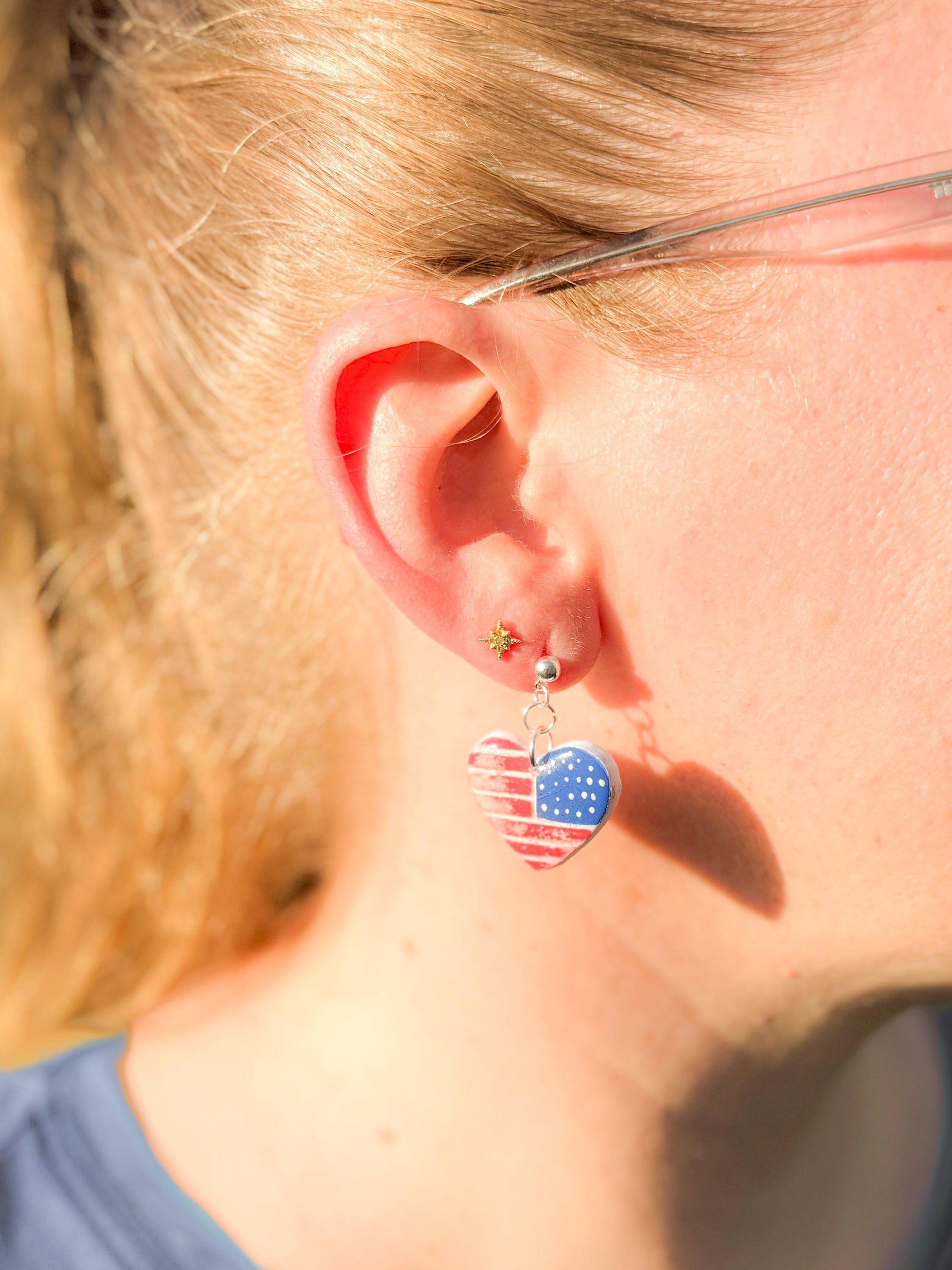 American Flag Earrings, Patriotic Earrings | Heart USA Dangle • Handmade Fourth of July Jewelry Gift