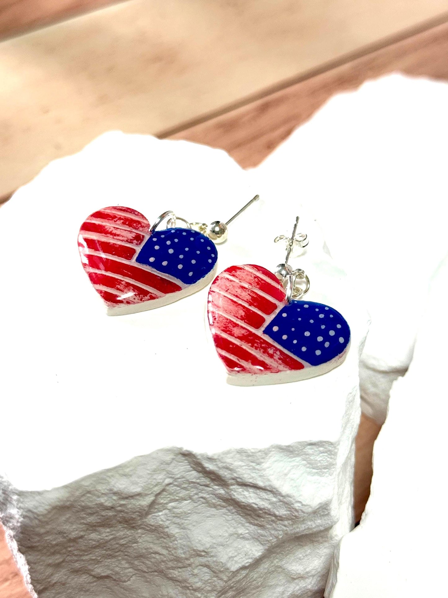 American Flag Earrings, Patriotic Earrings | Heart USA Dangle • Handmade Fourth of July Jewelry Gift