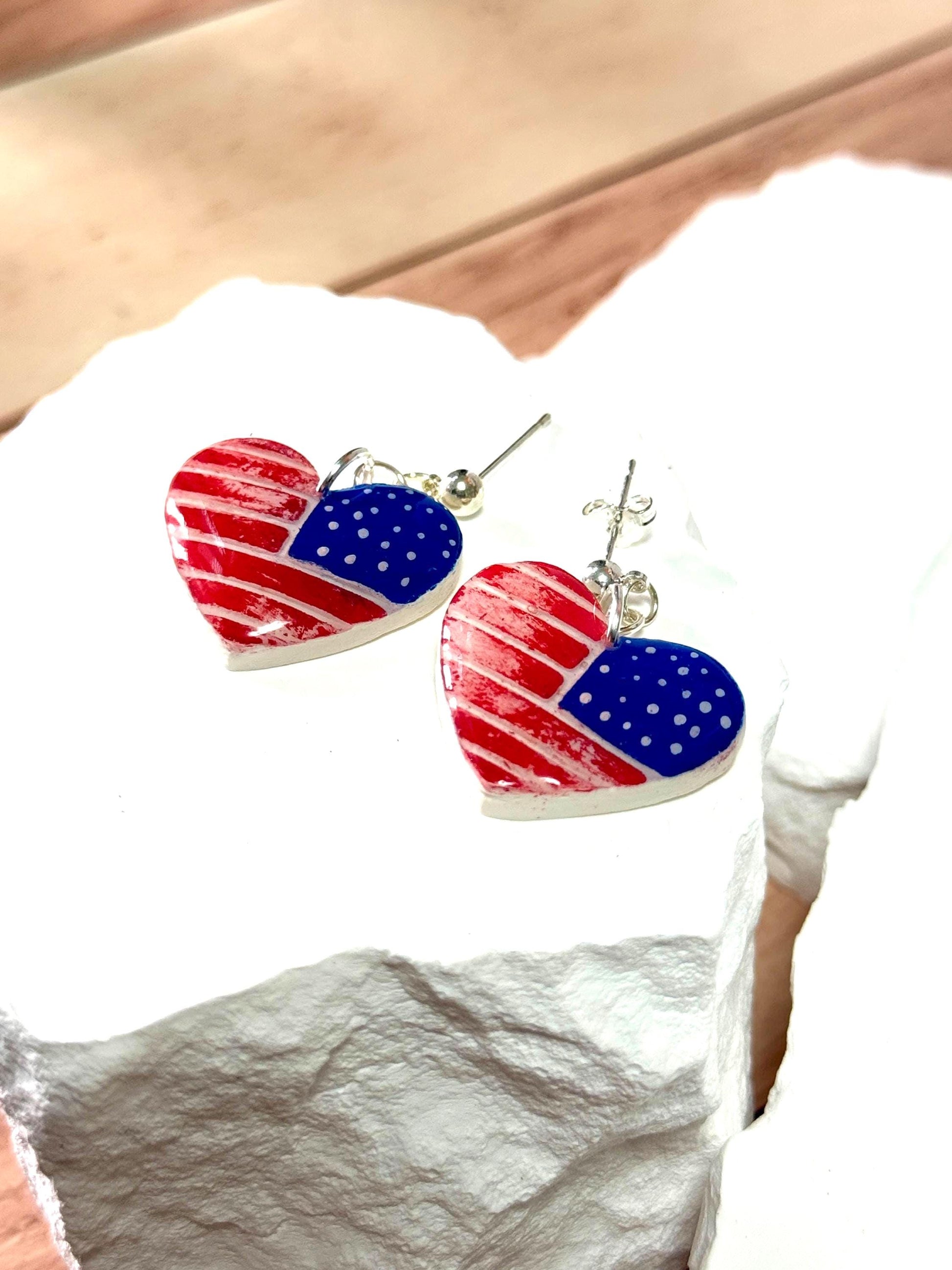 American Flag Earrings, Patriotic Earrings | Heart USA Dangle • Handmade Fourth of July Jewelry Gift