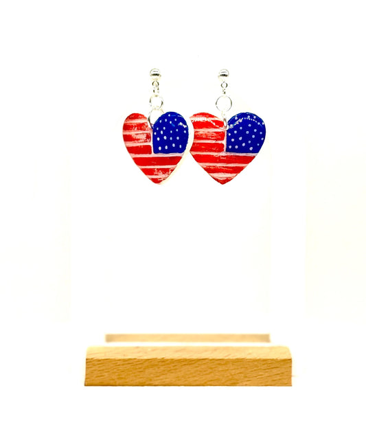 American Flag Earrings, Patriotic Earrings | Heart USA Dangle • Handmade Fourth of July Jewelry Gift