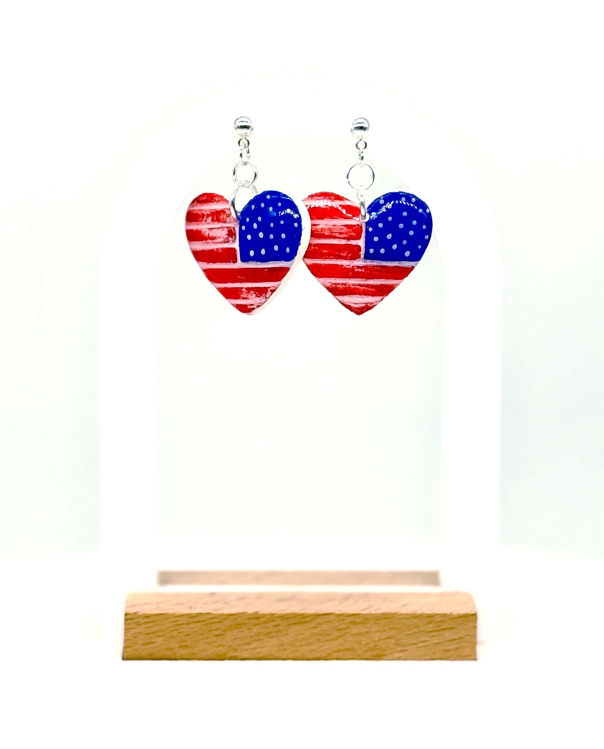 American Flag Earrings, Patriotic Earrings | Heart USA Dangle • Handmade Fourth of July Jewelry Gift