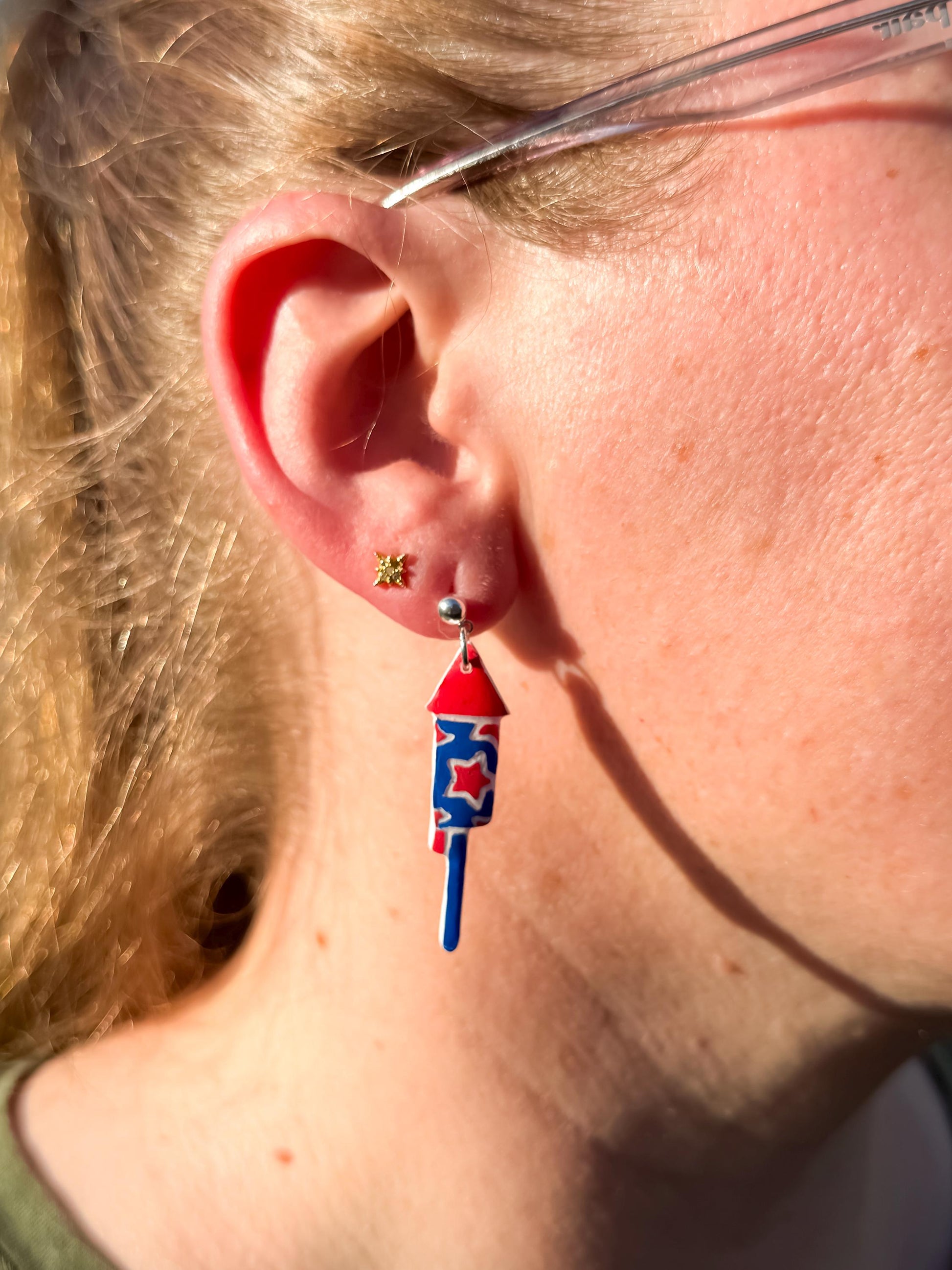 Firework Rocket Earrings: Hand-Painted Patriotic Dangle - Gift Boxed