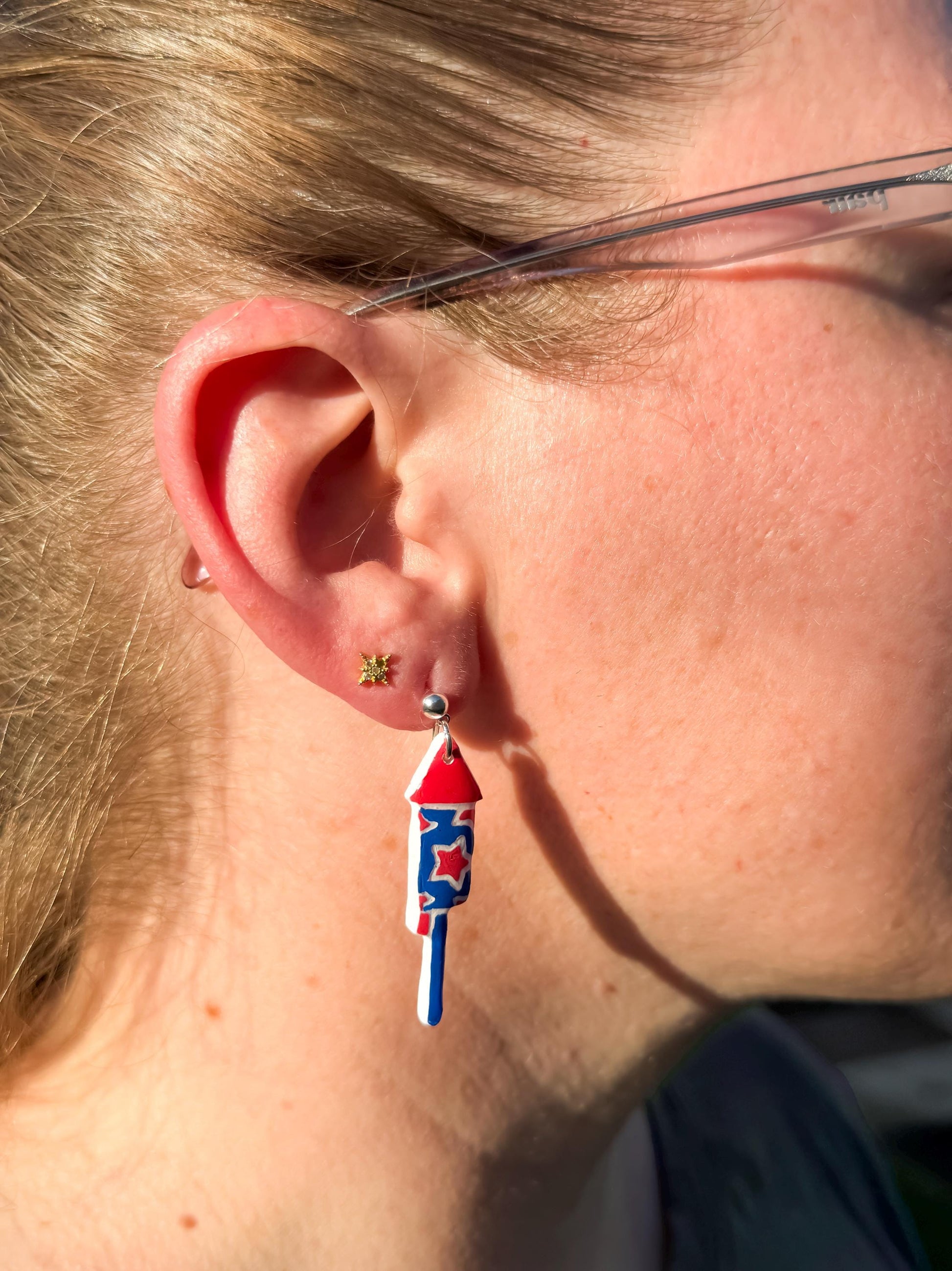Firework Rocket Earrings: Hand-Painted Patriotic Dangle - Gift Boxed