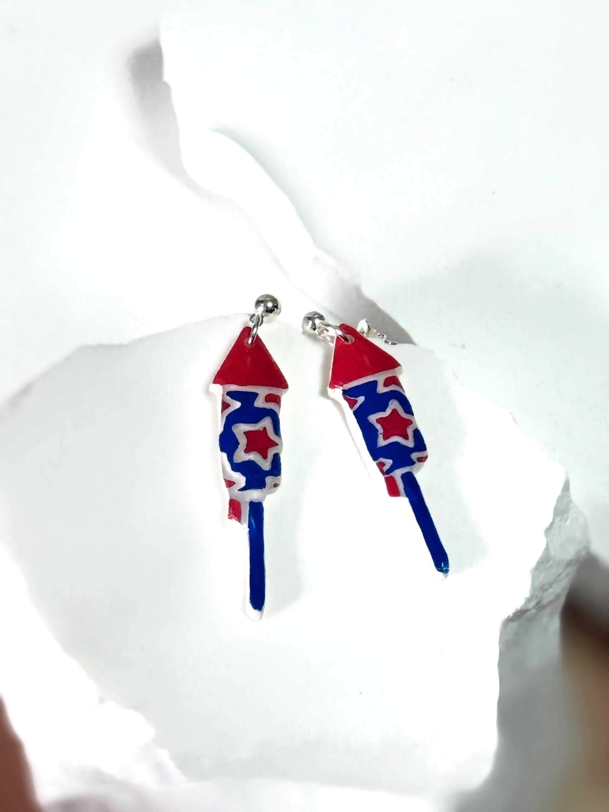 Firework Rocket Earrings: Hand-Painted Patriotic Dangle - Gift Boxed