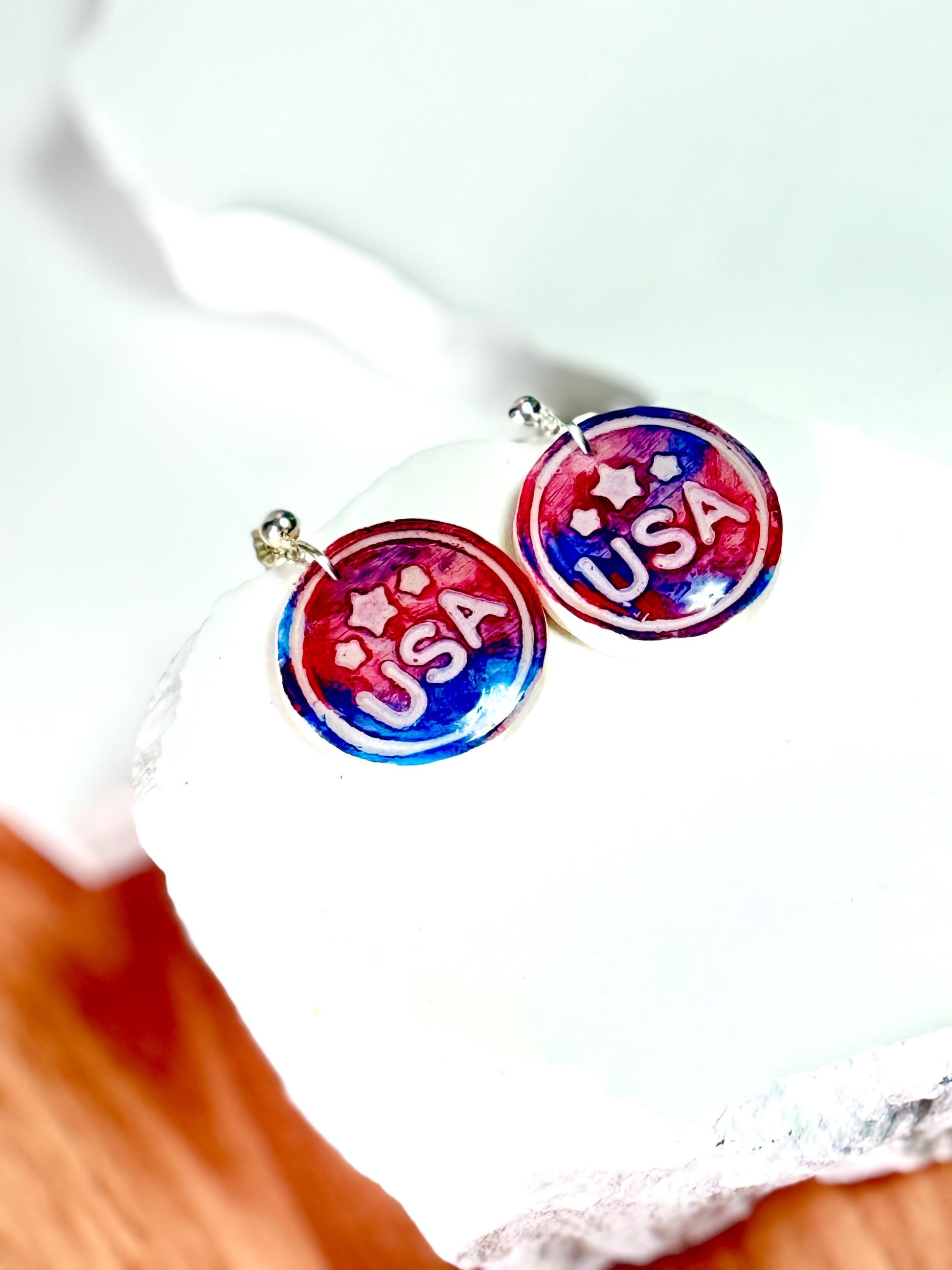 USA Earrings, Patriotic Earrings | Polymer-Clay Medal Dangle • Red-White-Blue Resin Gift in White Box