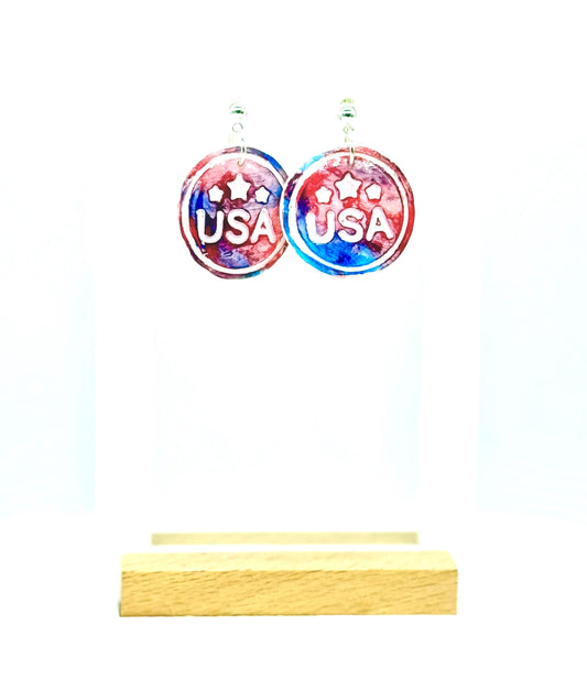 USA Earrings, Patriotic Earrings | Polymer-Clay Medal Dangle • Red-White-Blue Resin Gift in White Box