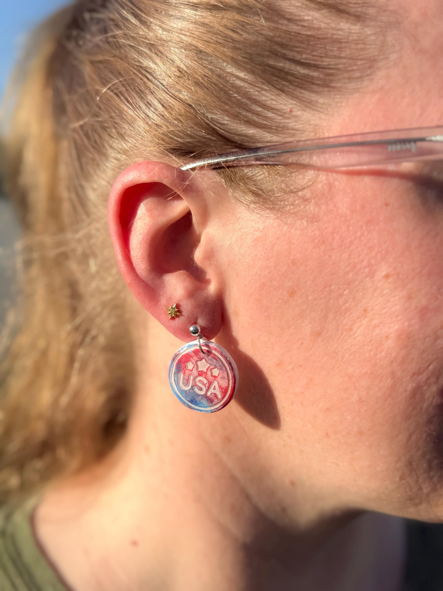 USA Earrings, Patriotic Earrings | Polymer-Clay Medal Dangle • Red-White-Blue Resin Gift in White Box