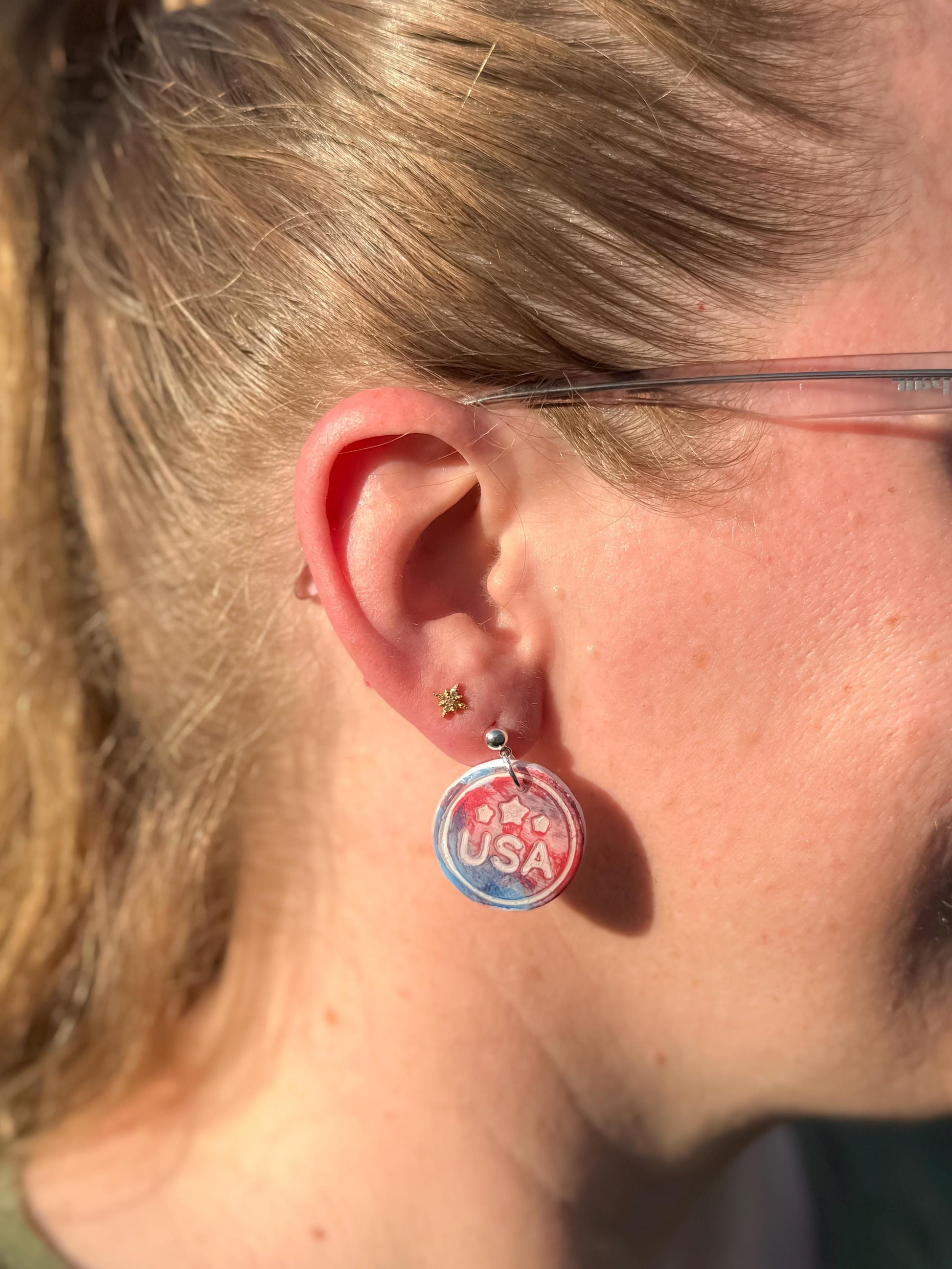 USA Earrings, Patriotic Earrings | Polymer-Clay Medal Dangle • Red-White-Blue Resin Gift in White Box