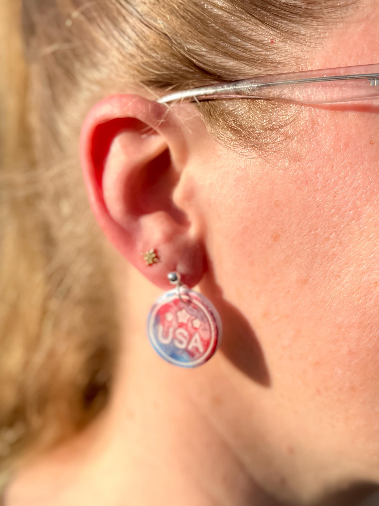 USA Earrings, Patriotic Earrings | Polymer-Clay Medal Dangle • Red-White-Blue Resin Gift in White Box