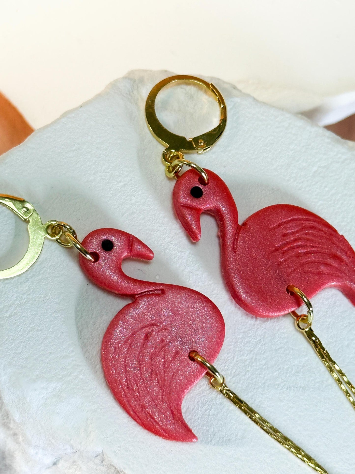 Flamingo Earrings: Pearlescent Pink Polymer Clay Dangles with 14K Gold-Plated Legs