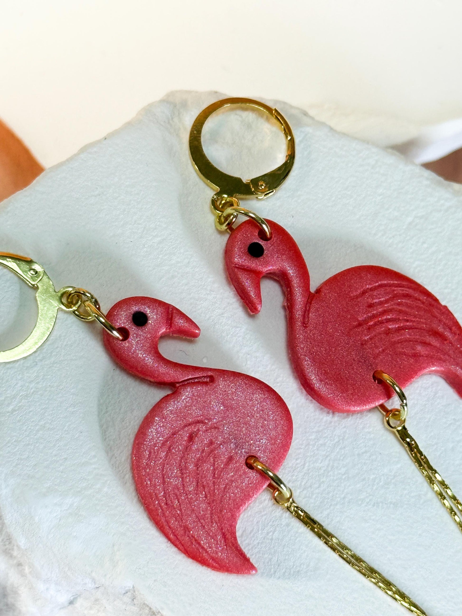 Flamingo Earrings: Pearlescent Pink Polymer Clay Dangles with 14K Gold-Plated Legs