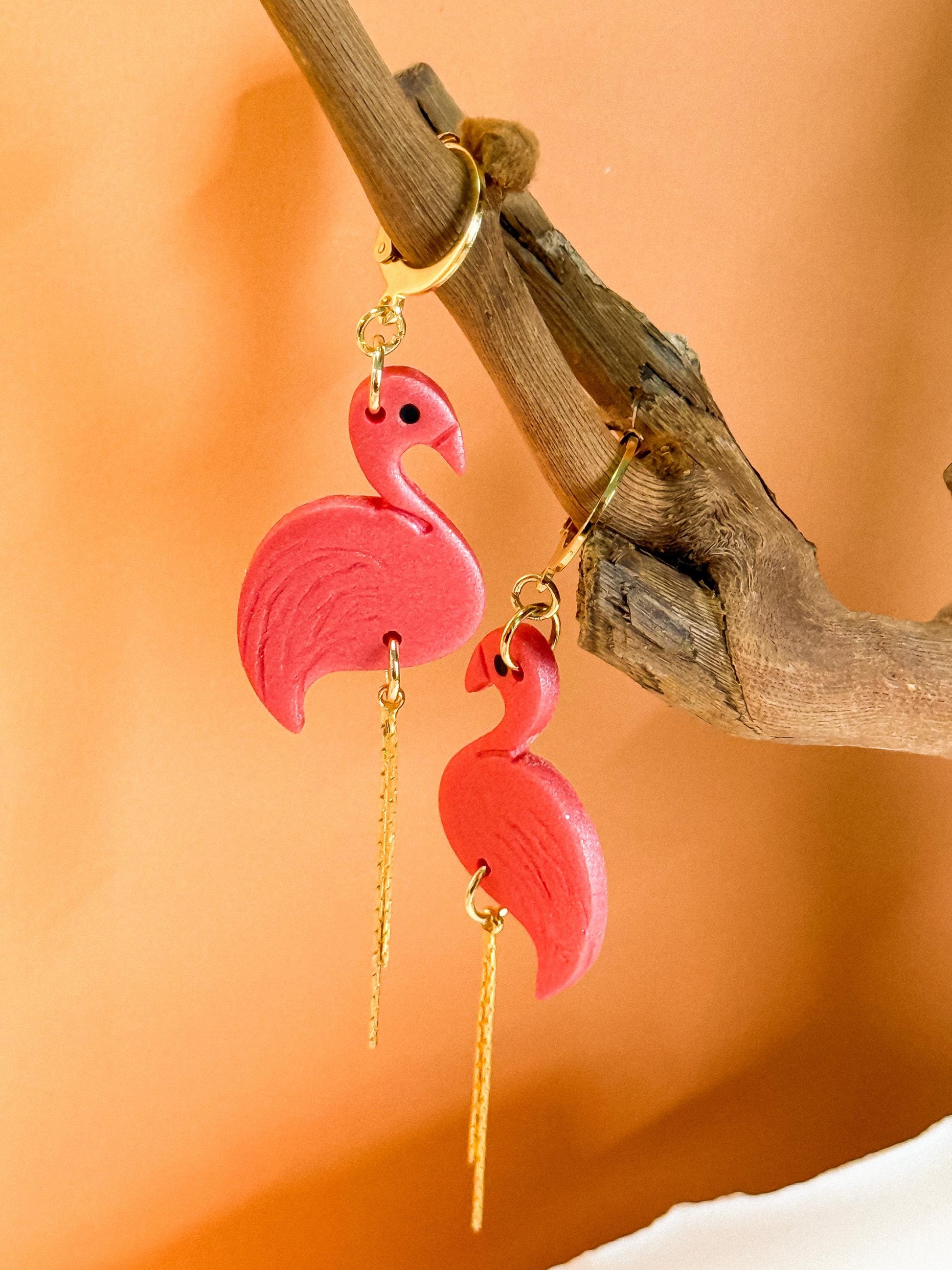 Flamingo Earrings: Pearlescent Pink Polymer Clay Dangles with 14K Gold-Plated Legs