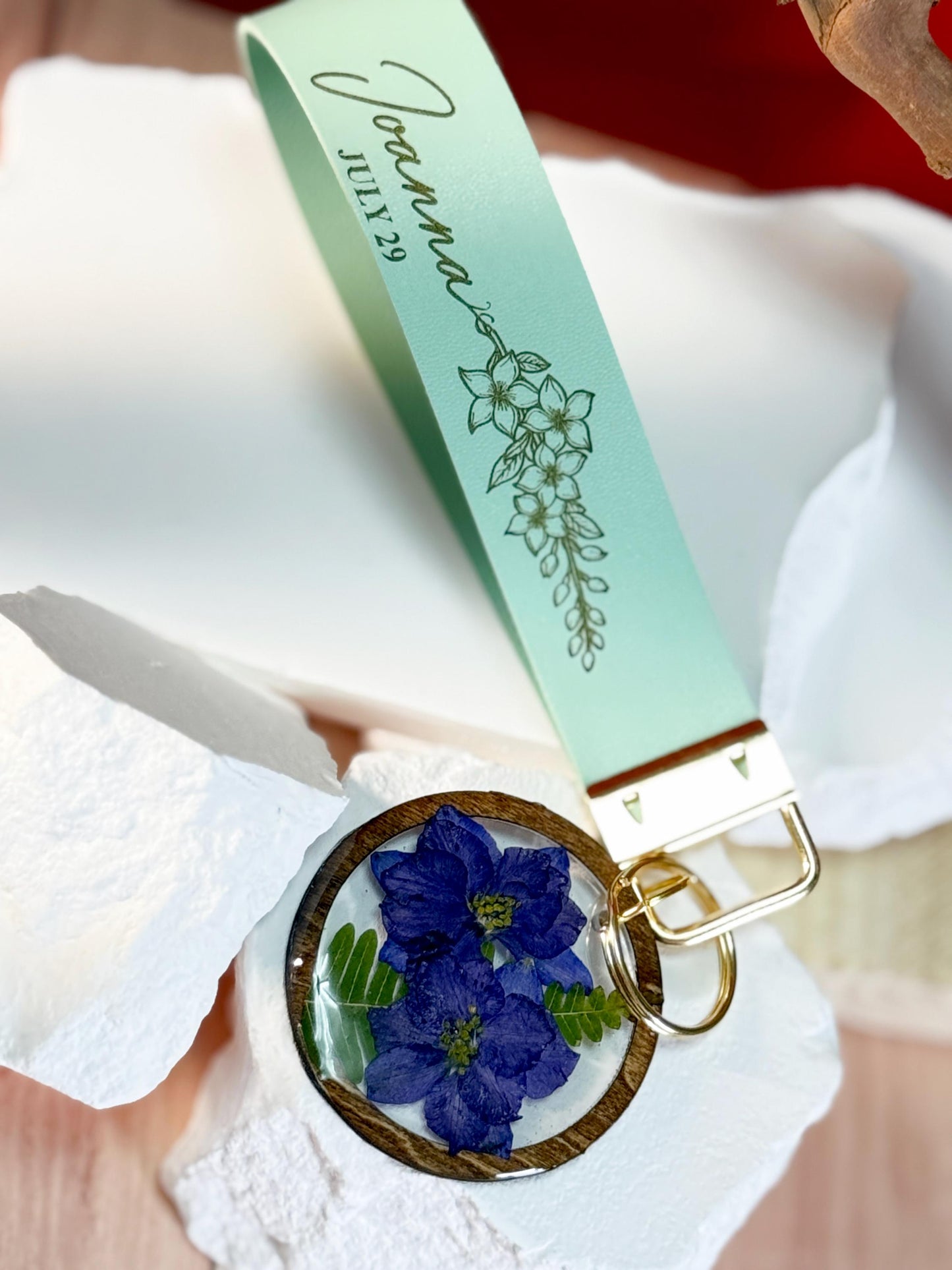 Personalized Birth Flower Keychain: Faux Leather Strap, Resin Flower Charm