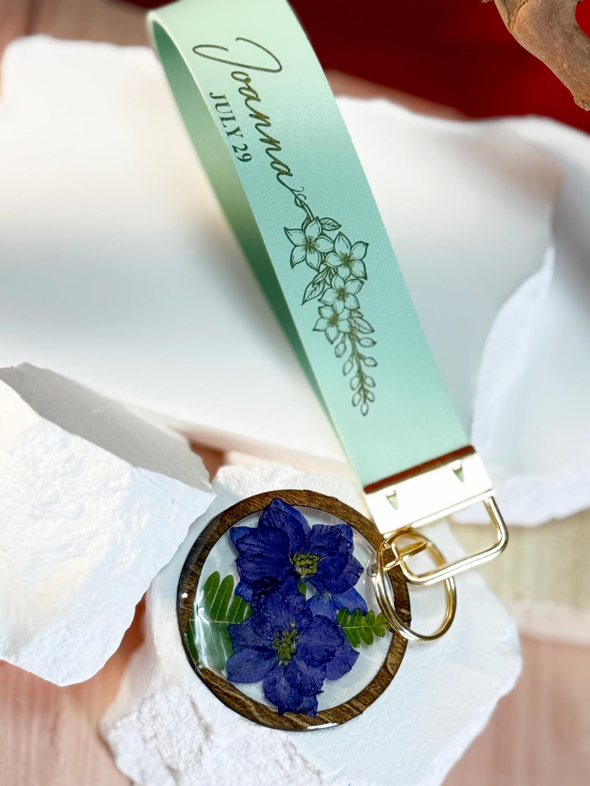 Personalized Birth Flower Keychain: Faux Leather Strap, Resin Flower Charm
