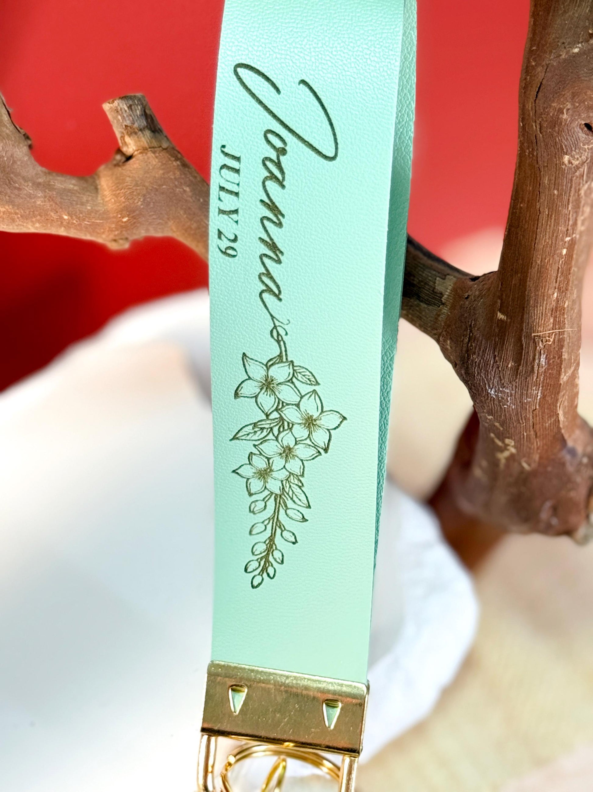 Personalized Birth Flower Keychain: Faux Leather Strap, Resin Flower Charm