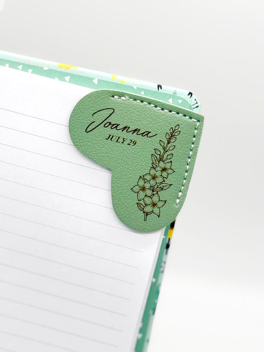 Personalized Birth Flower Bookmark: Engraved Faux Leather Heart Corner