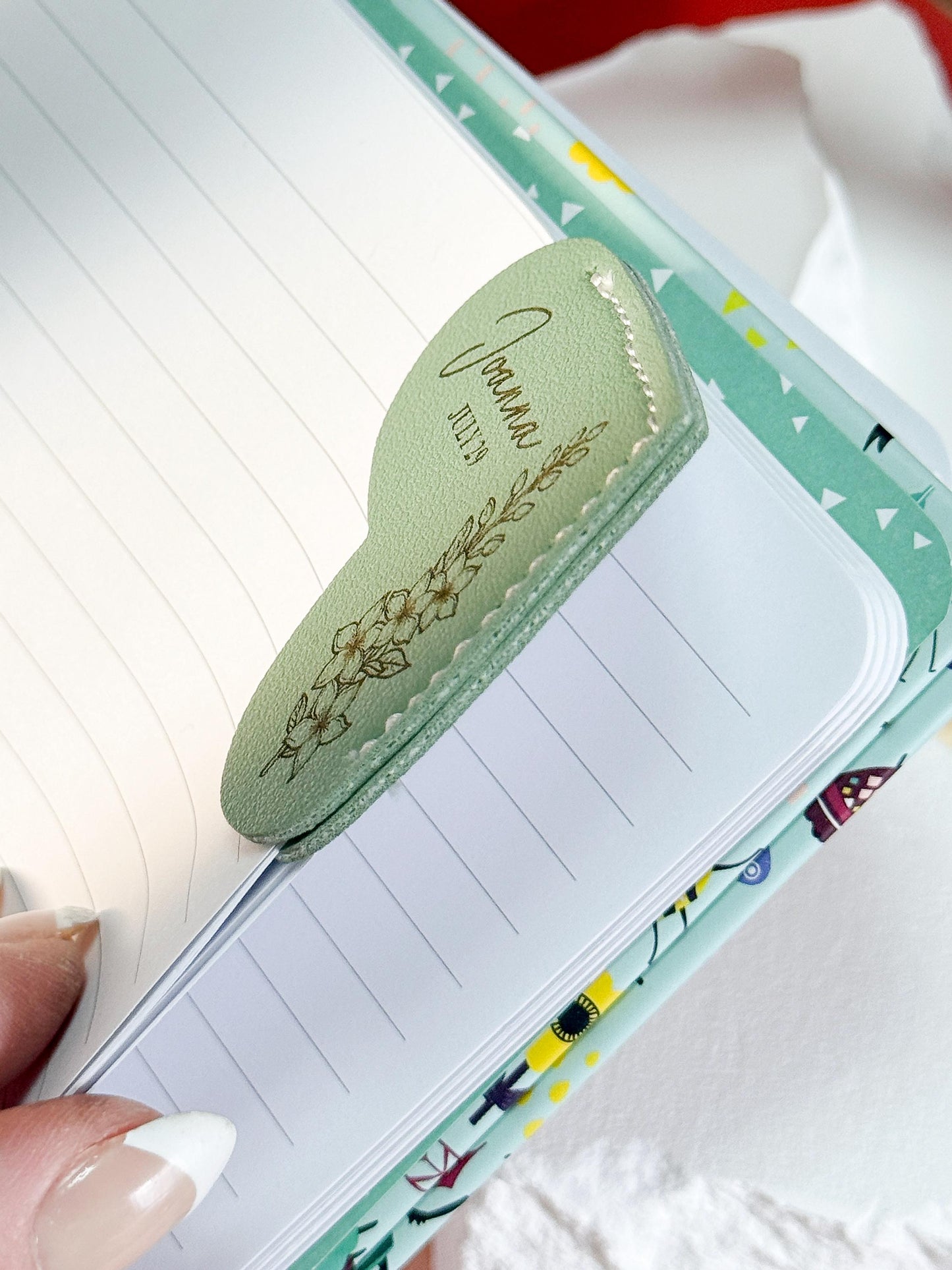 Personalized Birth Flower Bookmark: Engraved Faux Leather Heart Corner