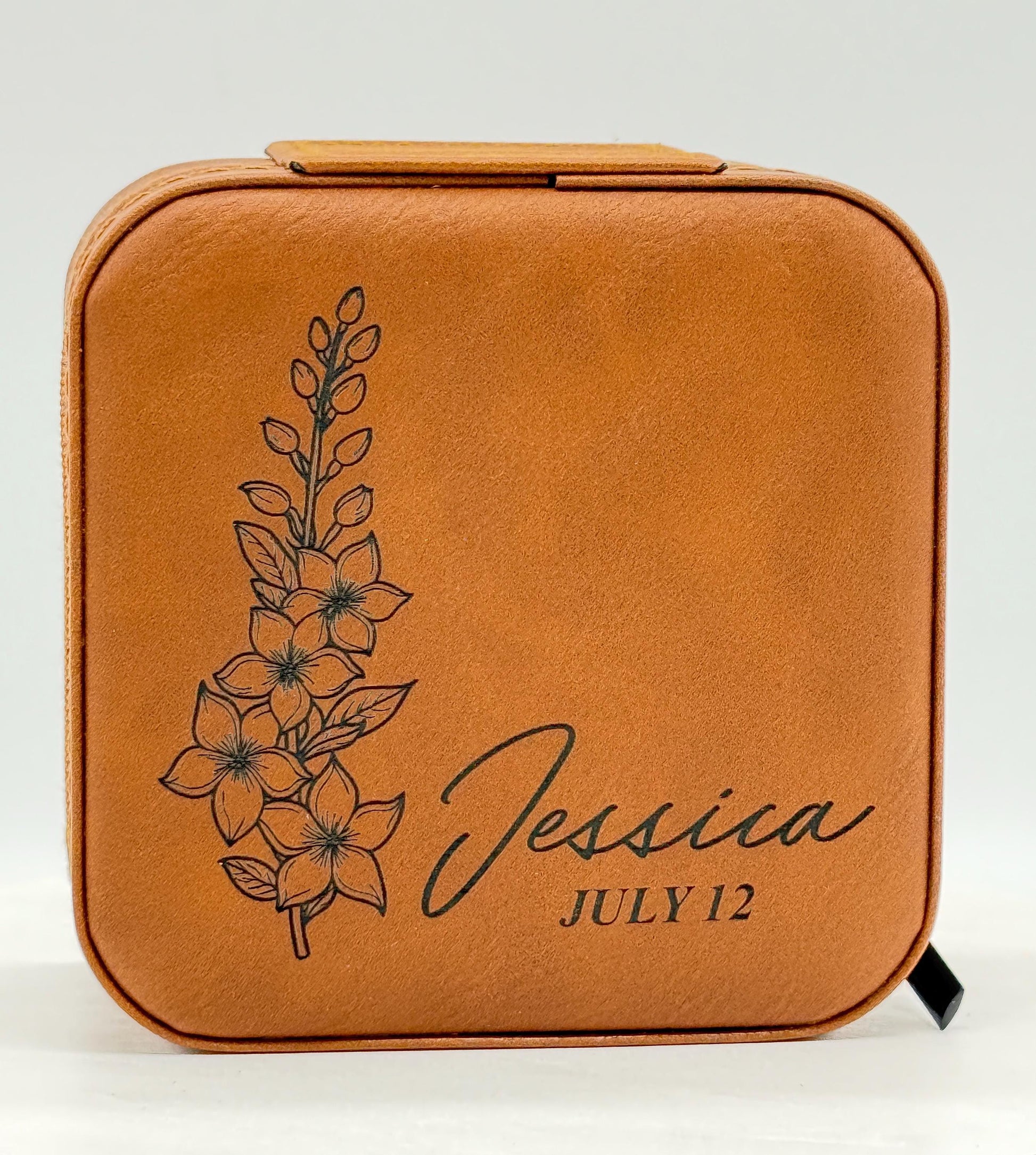 Personalized Birth Flower Jewelry Box: Engraved Faux Leather Travel Case