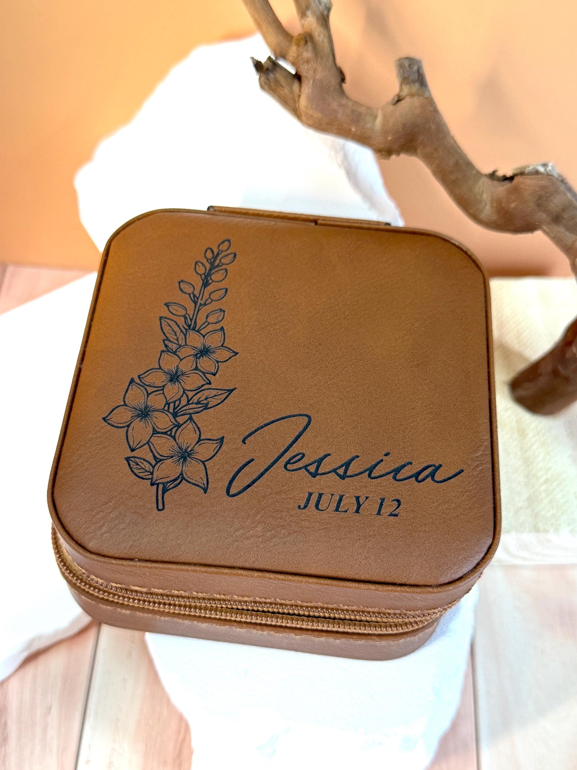 Personalized Birth Flower Jewelry Box: Engraved Faux Leather Travel Case