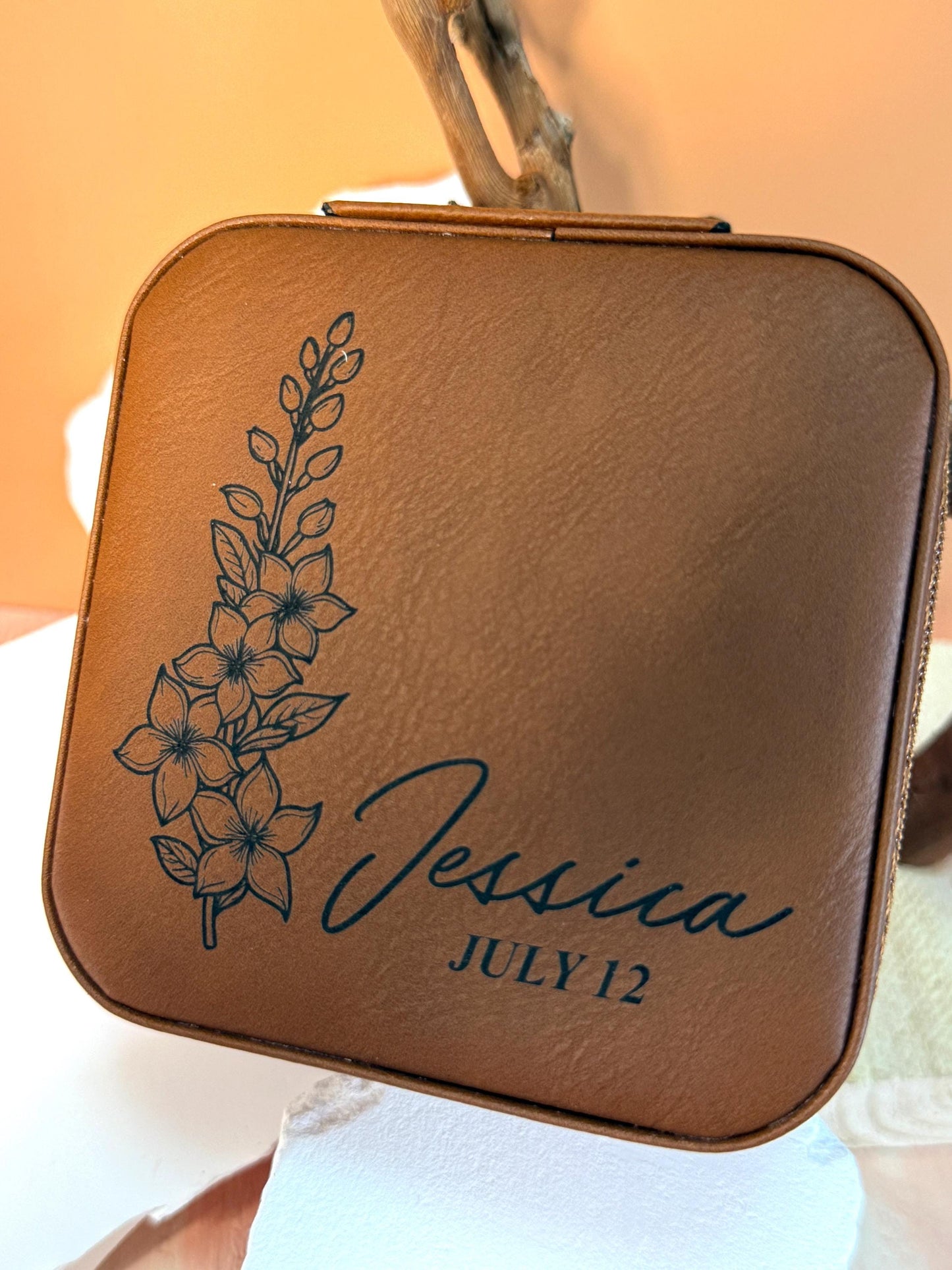 Personalized Birth Flower Jewelry Box: Engraved Faux Leather Travel Case