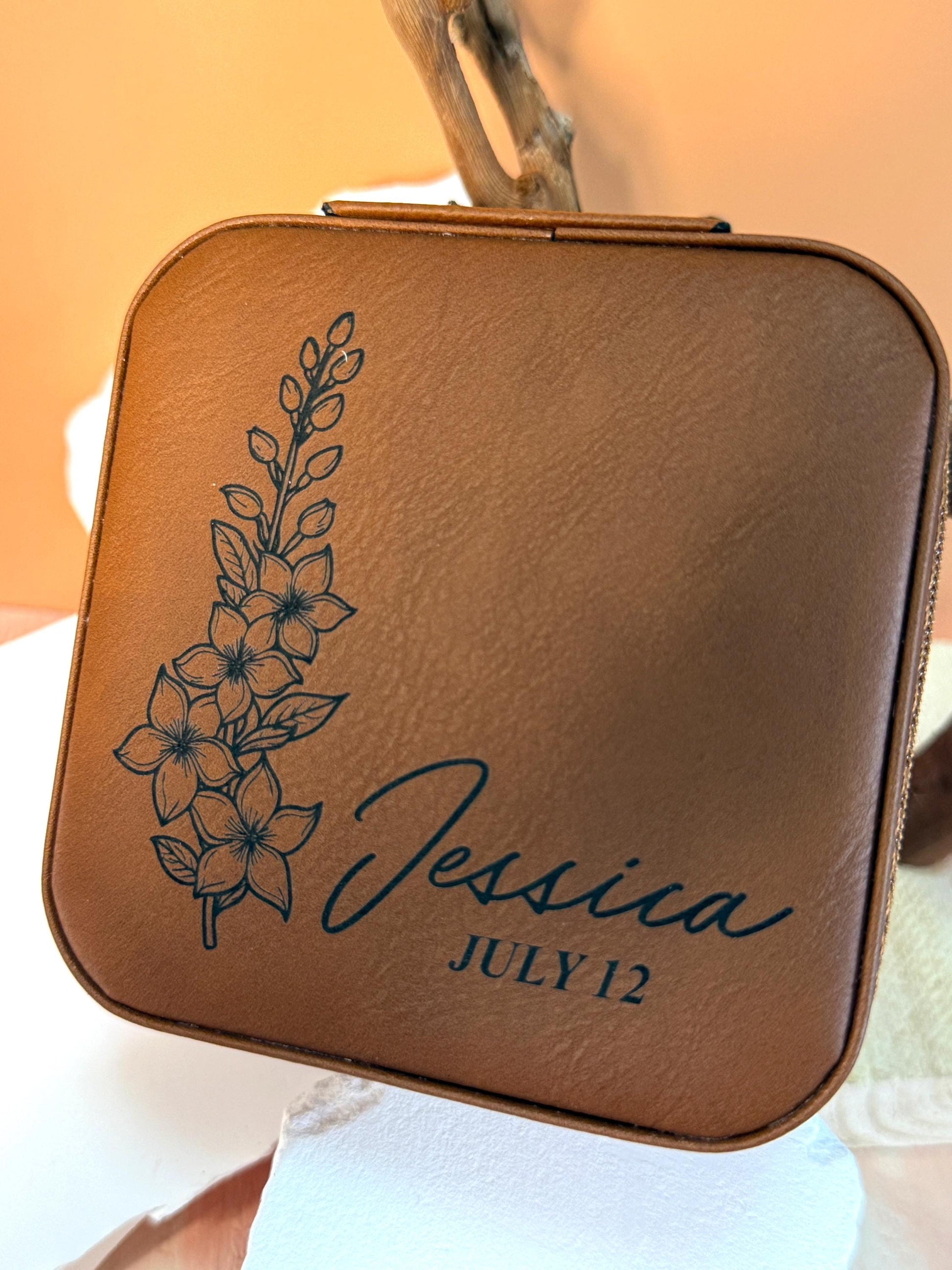 Personalized Birth Flower Jewelry Box: Engraved Faux Leather Travel Case