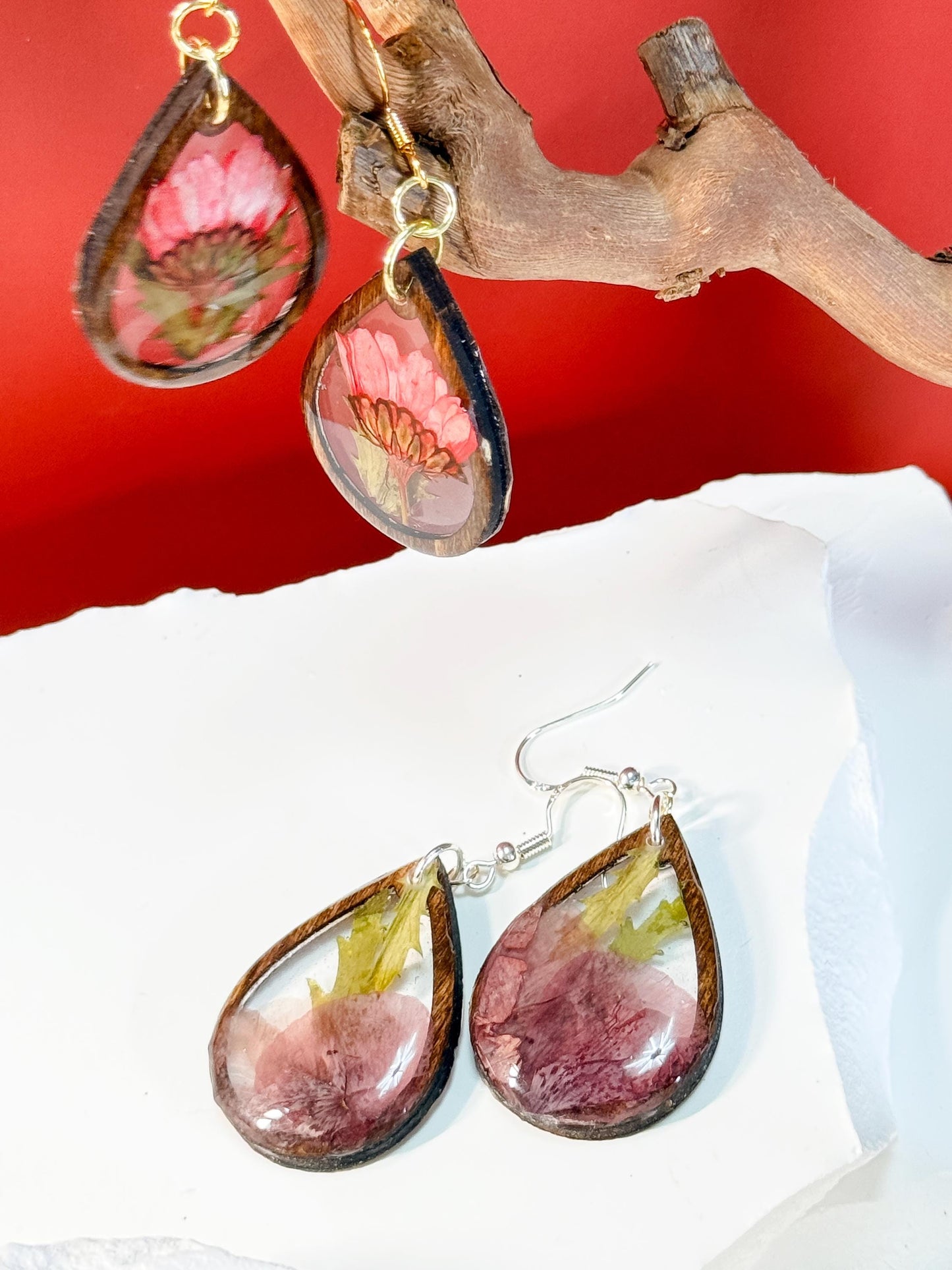 Birth Flower Earrings, Floral Resin Earrings | Rustic Wood Teardrop Dangles with Real Pressed Flowers