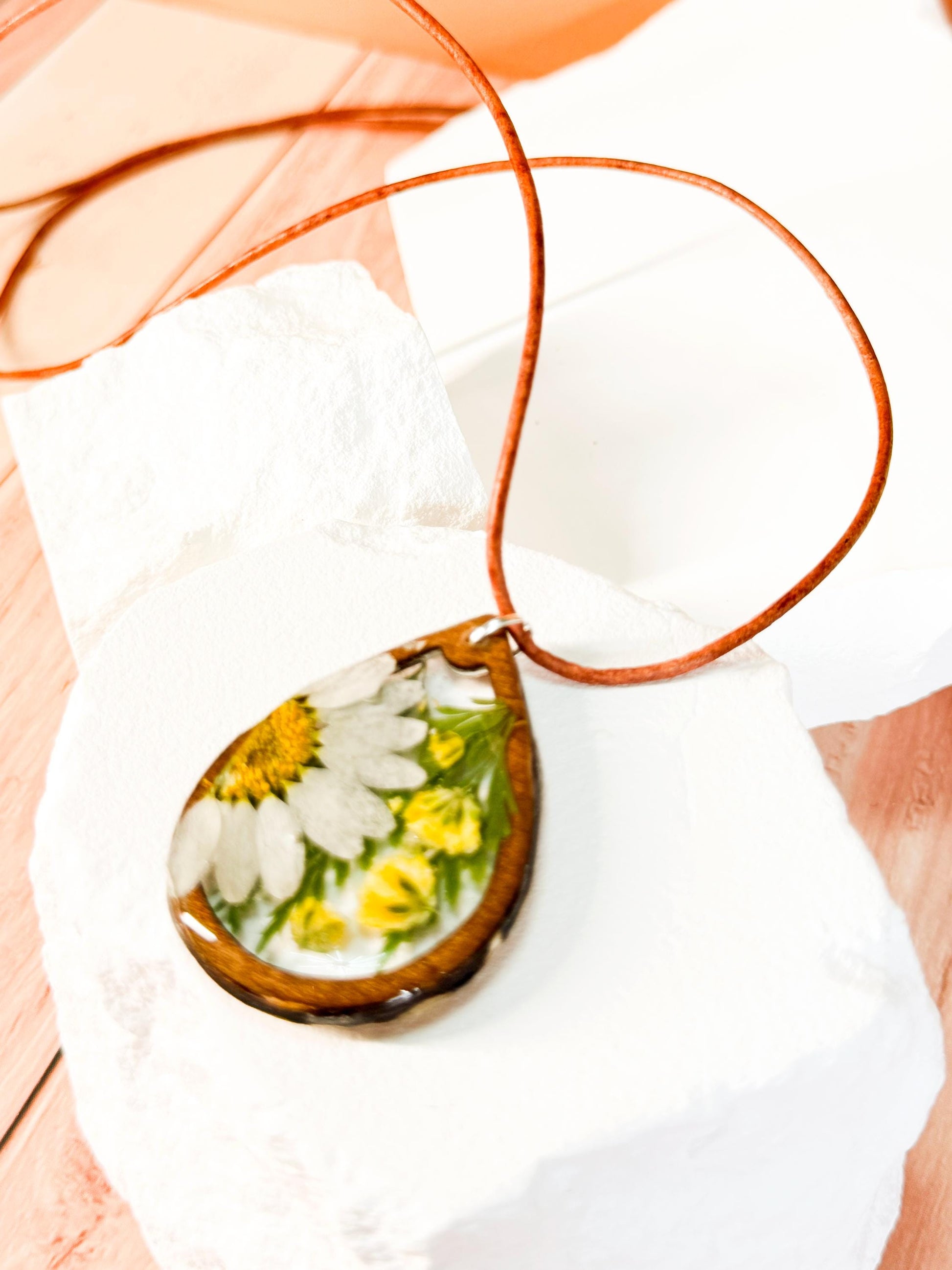 Real Daisy Teardrop Necklace: Resin Pendant, Wood Frame, Gold Chain or Leather Cord