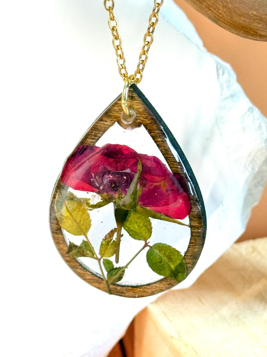 Birth Flower Necklace: Real Pressed Flower, Rustic Wood Teardrop Pendant