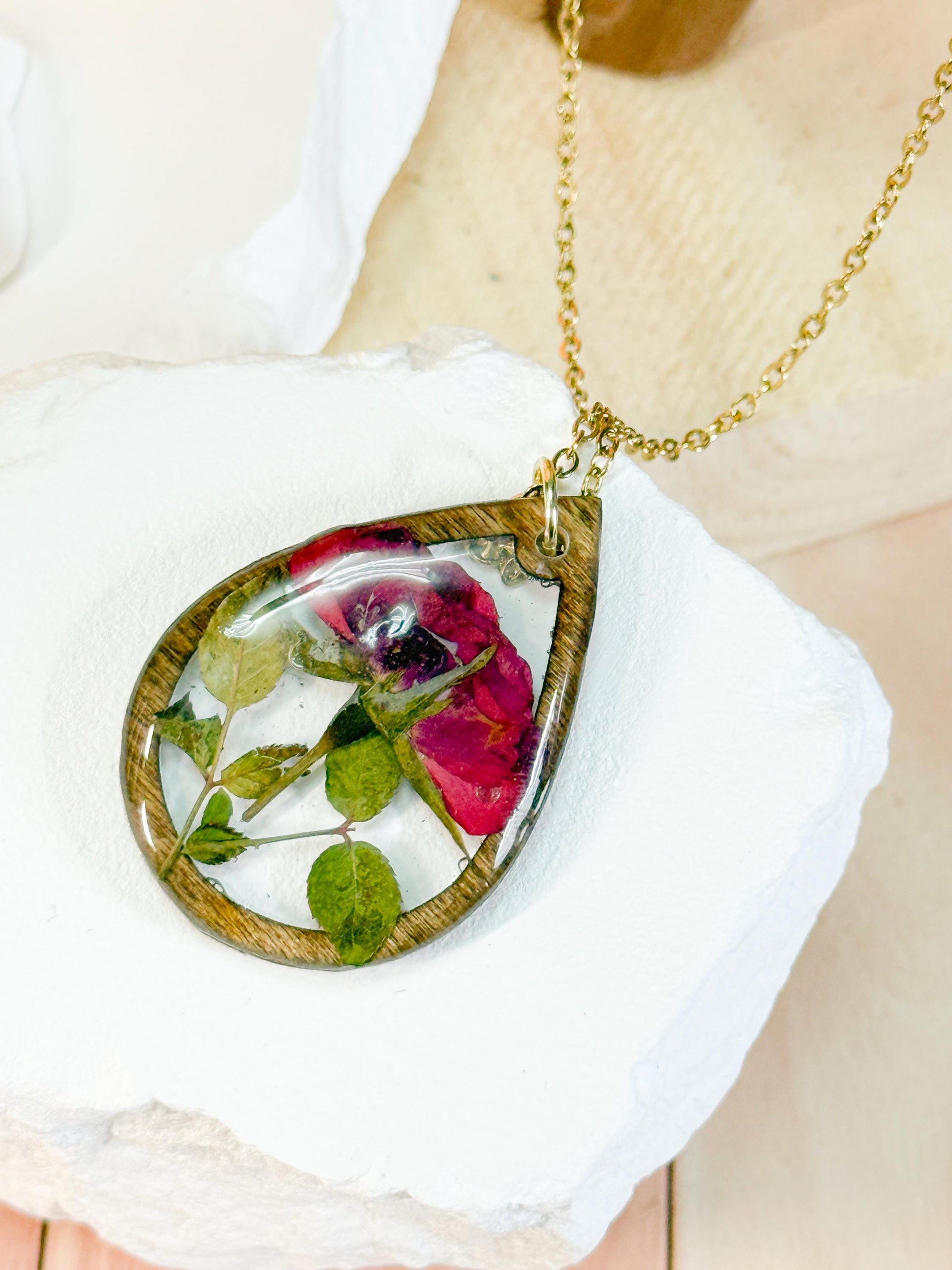 Birth Flower Necklace: Real Pressed Flower, Rustic Wood Teardrop Pendant