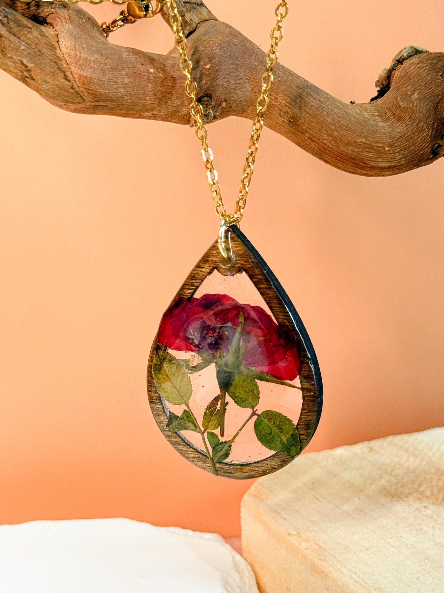 Birth Flower Necklace: Real Pressed Flower, Rustic Wood Teardrop Pendant