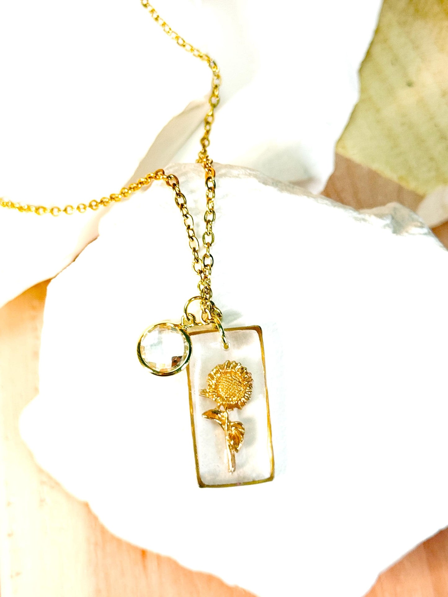 Birth flower necklace, floral necklace – Custom Resin & Gold-tone Charm • Optional Birthstone • Any Month