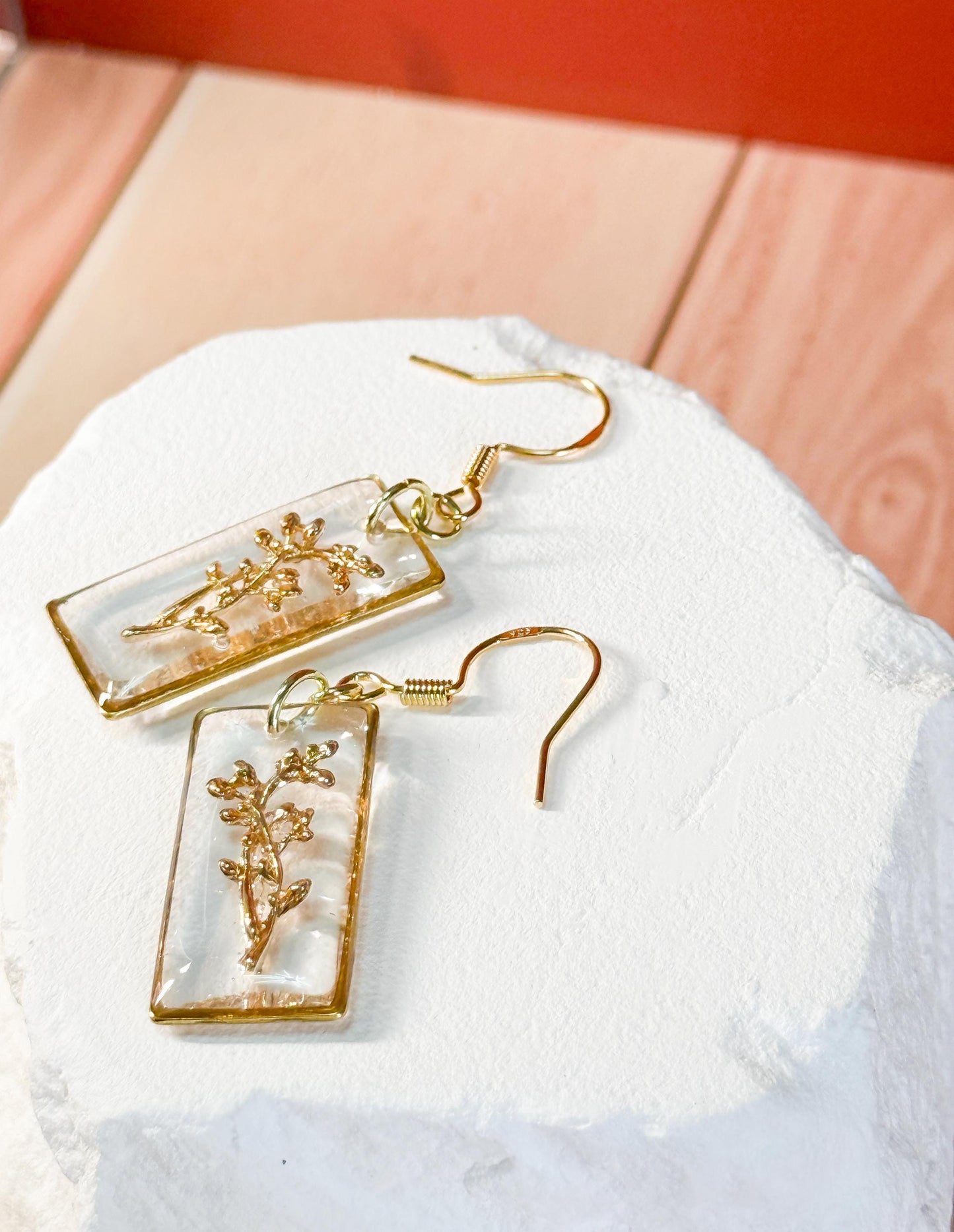 Whimsical earrings, birth flower earrings – Resin-Framed Gold Blossom Drops • Custom Month