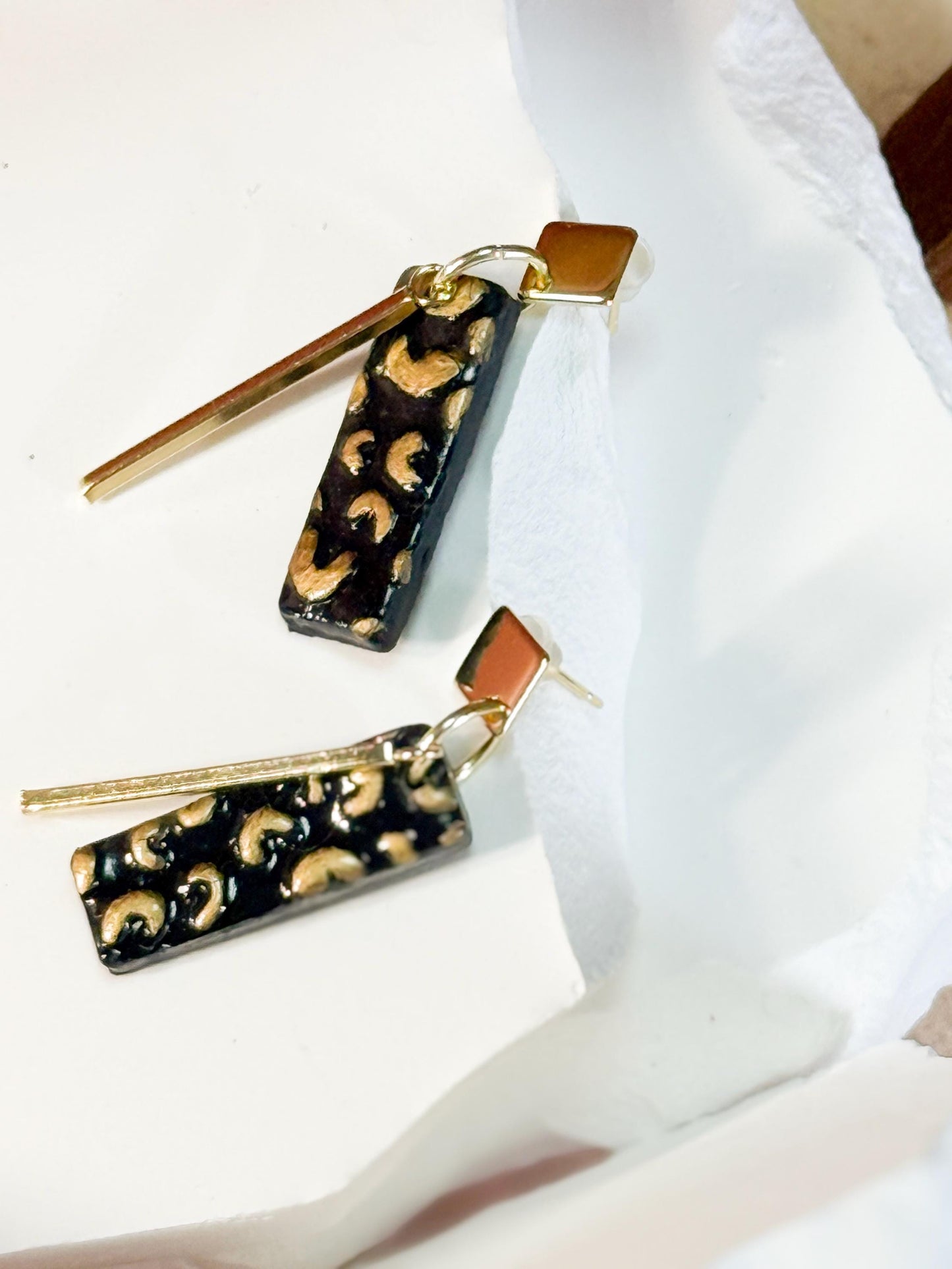 Leopard Print Polymer Clay Dangle Earrings: Gold Bar Cheetah Jewelry
