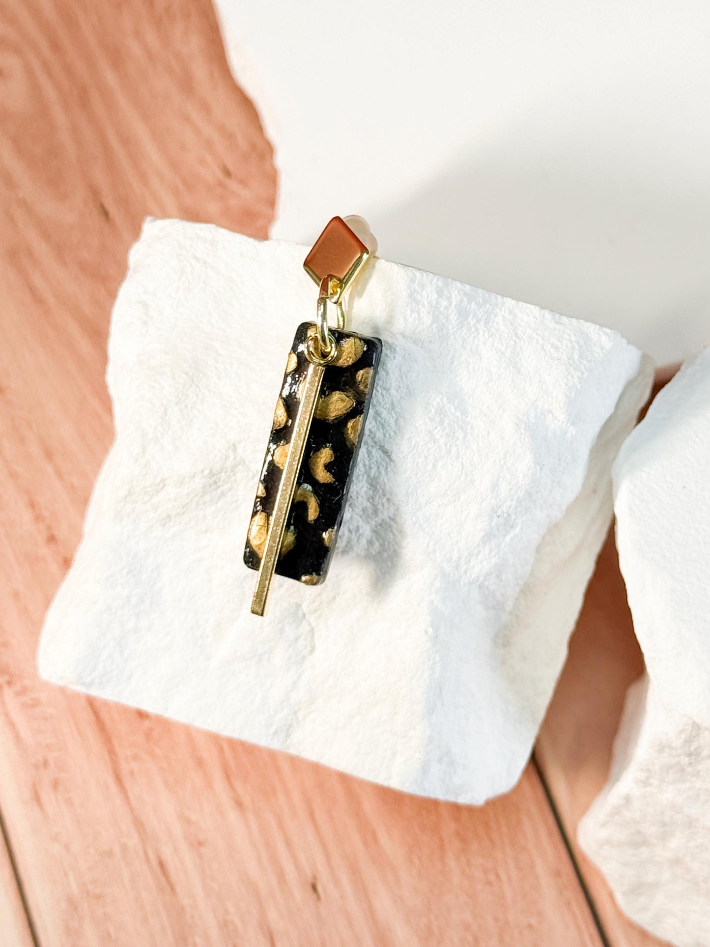 Leopard Print Polymer Clay Dangle Earrings: Gold Bar Cheetah Jewelry