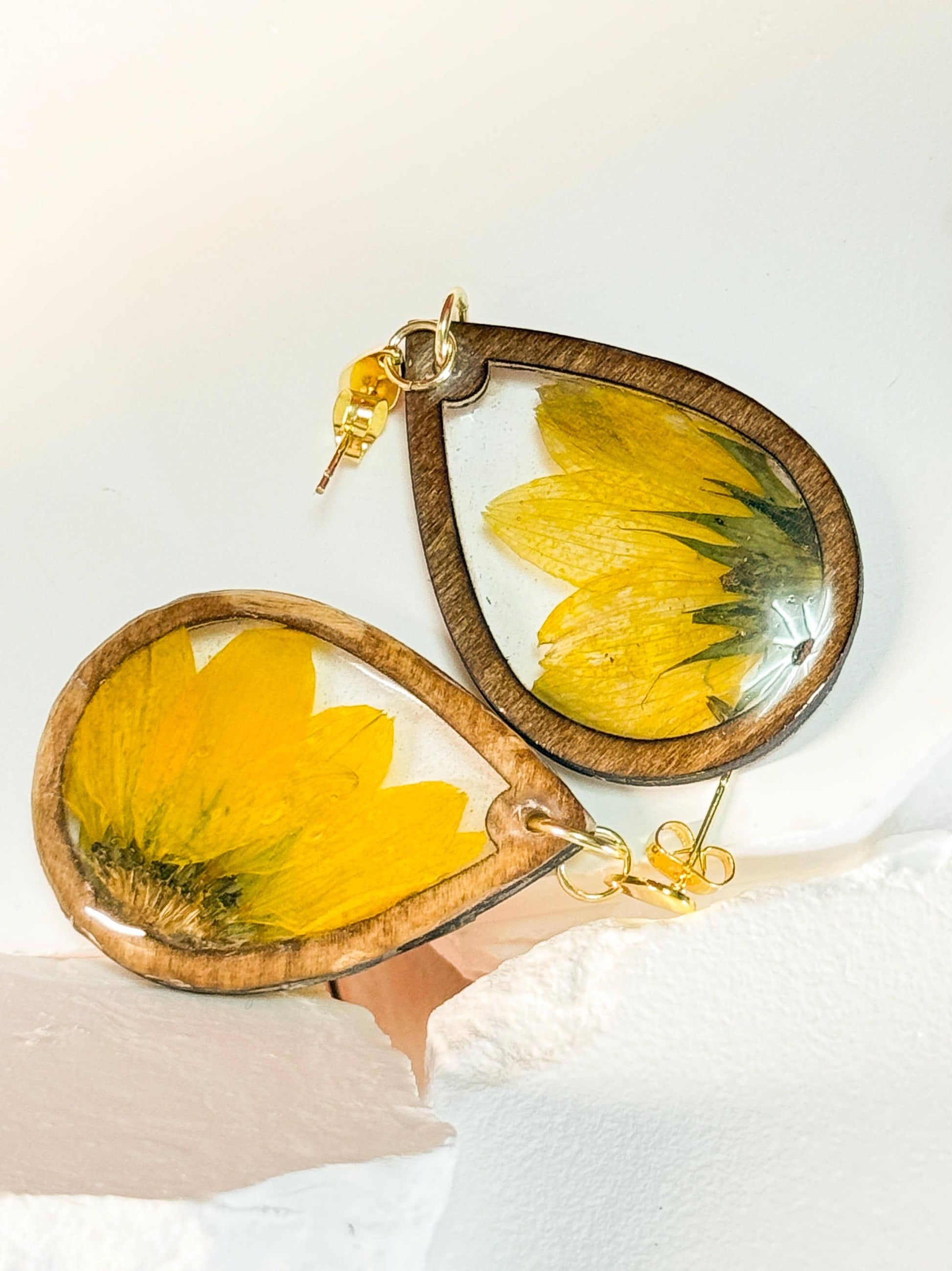 Pressed Sunflower Earrings: Resin & Walnut Wood, Gold Posts