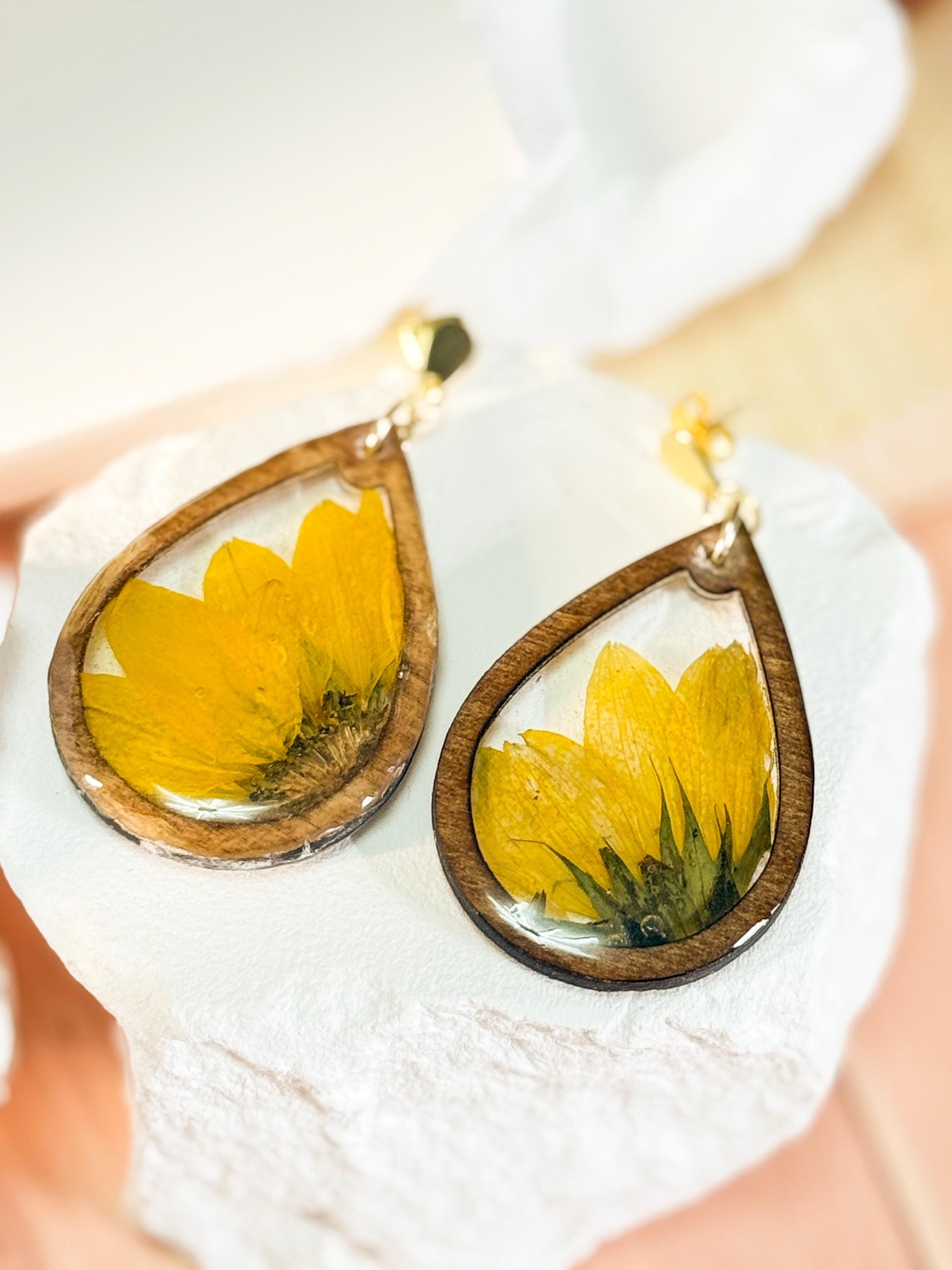 Pressed Sunflower Earrings: Resin & Walnut Wood, Gold Posts
