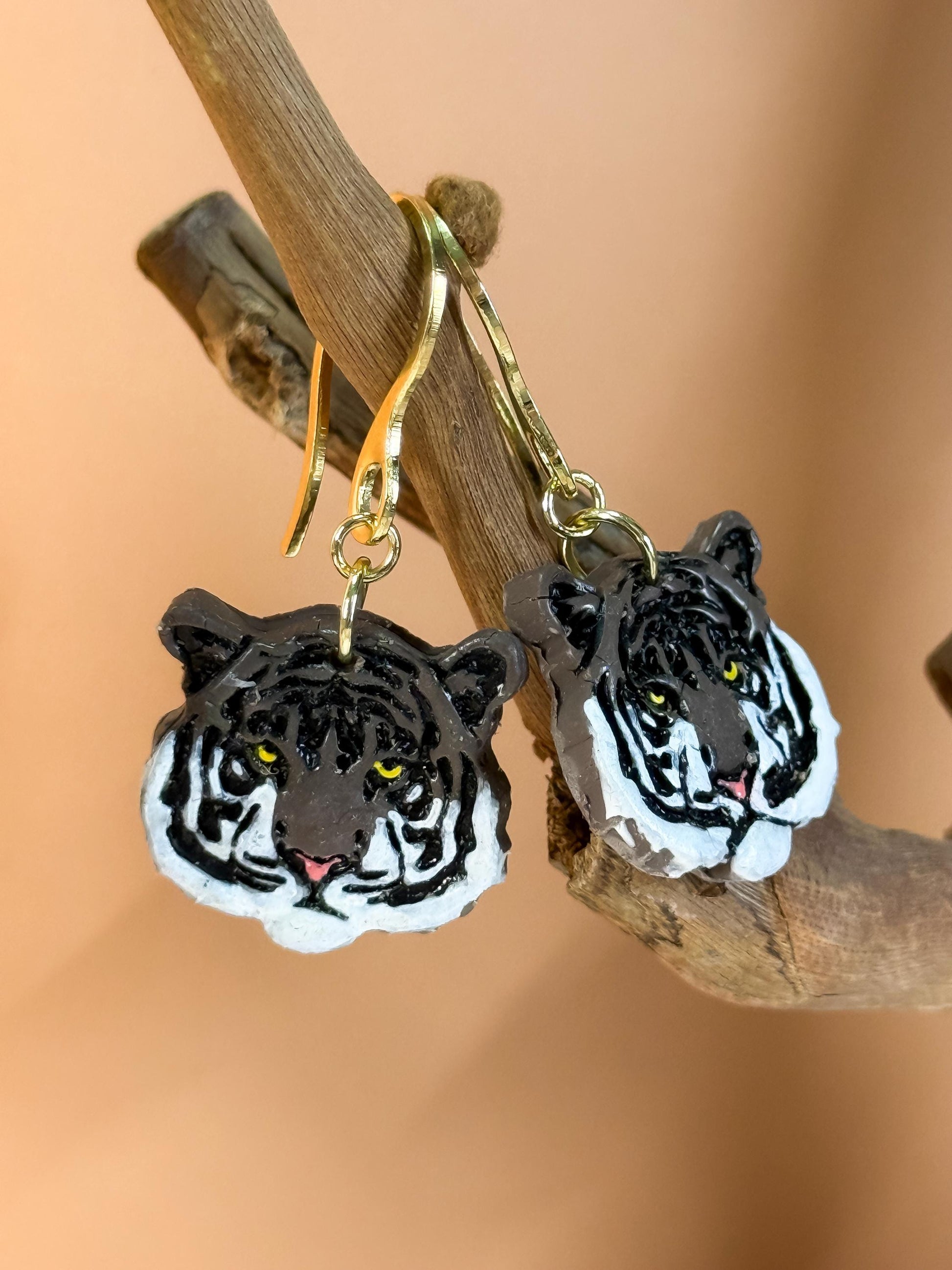 Hand-Painted Polymer Clay Tiger Earrings: Wildcat Animal Lover Dangles