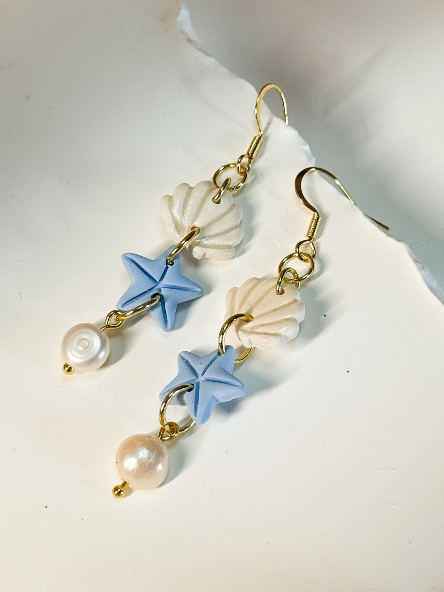 Funky earrings, baroque pearl earrings – Mermaid-inspired polymer clay seashell & starfish dangles | Handmade beach jewelry